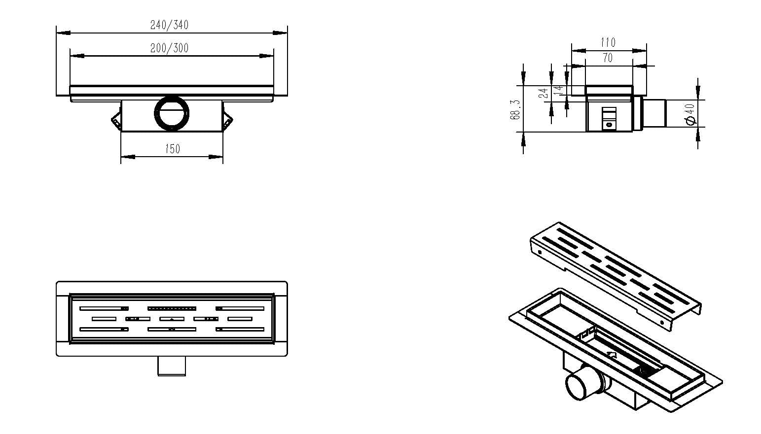 Maattekening Eco douchegoot met flens en rooster 30 x 7 cm RVS