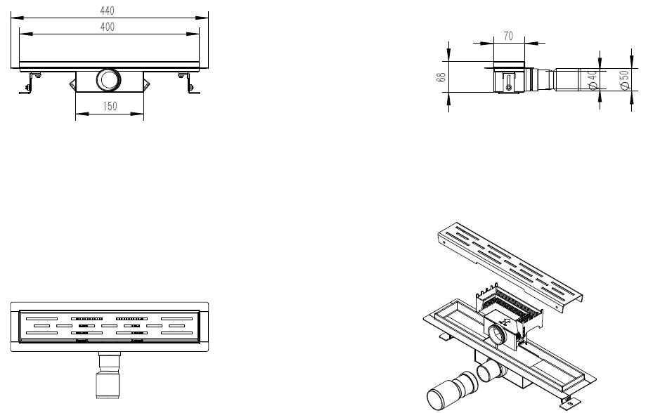 Maattekening Eco douchegoot met flens en rooster 40 x 7 cm RVS