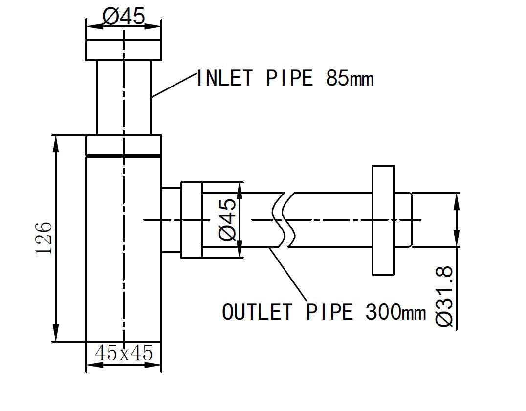 Maattekening Rombo sifon vierkant 5/4" x 32 mm chroom