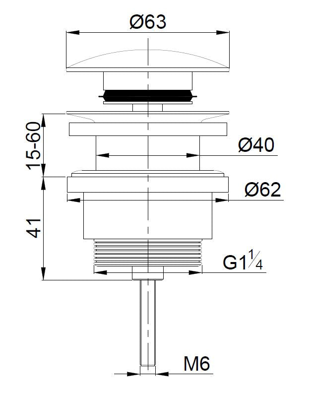 Maattekening Wiesbaden UniMatch clickwaste afvoerplug 5/4" geborsteld brons koper PVD