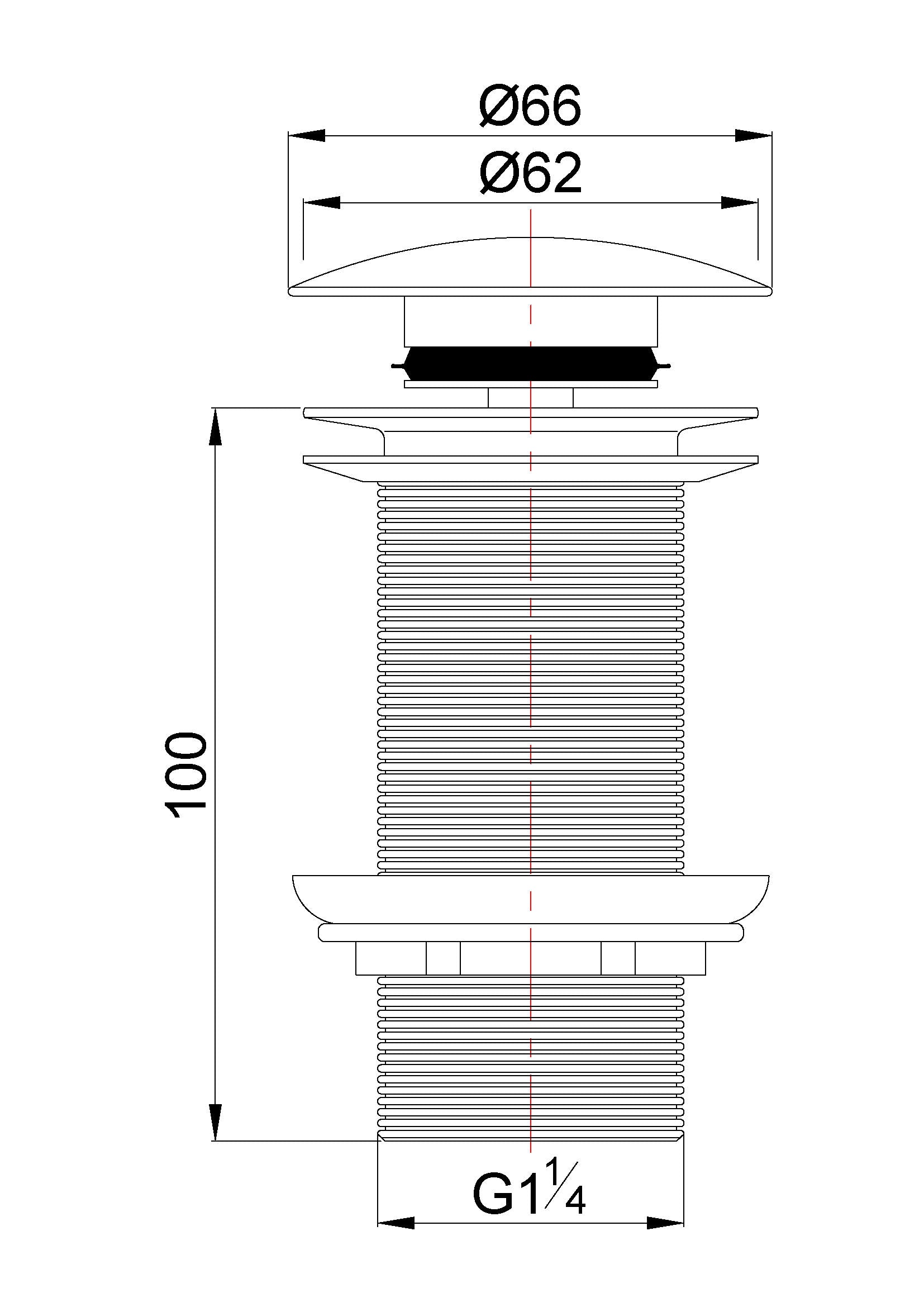 Maattekening Wiesbaden UniMatch clickwaste afvoerplug verlengd 5/4" geborsteld brons koper PVD