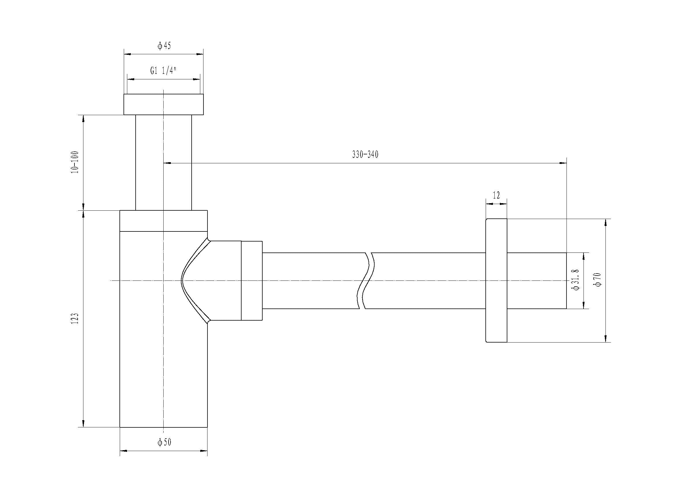 Eco sifon laag 5/4" x 32 mm chroom maattekening – 5 × 1 cm | Dealplein