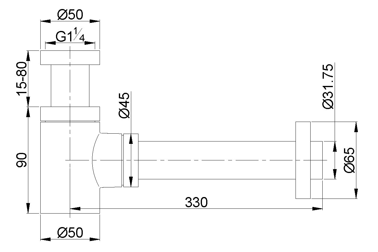 Maattekening Wiesbaden UniMatch fonteinsifon 5/4" x 32 mm gunmetal