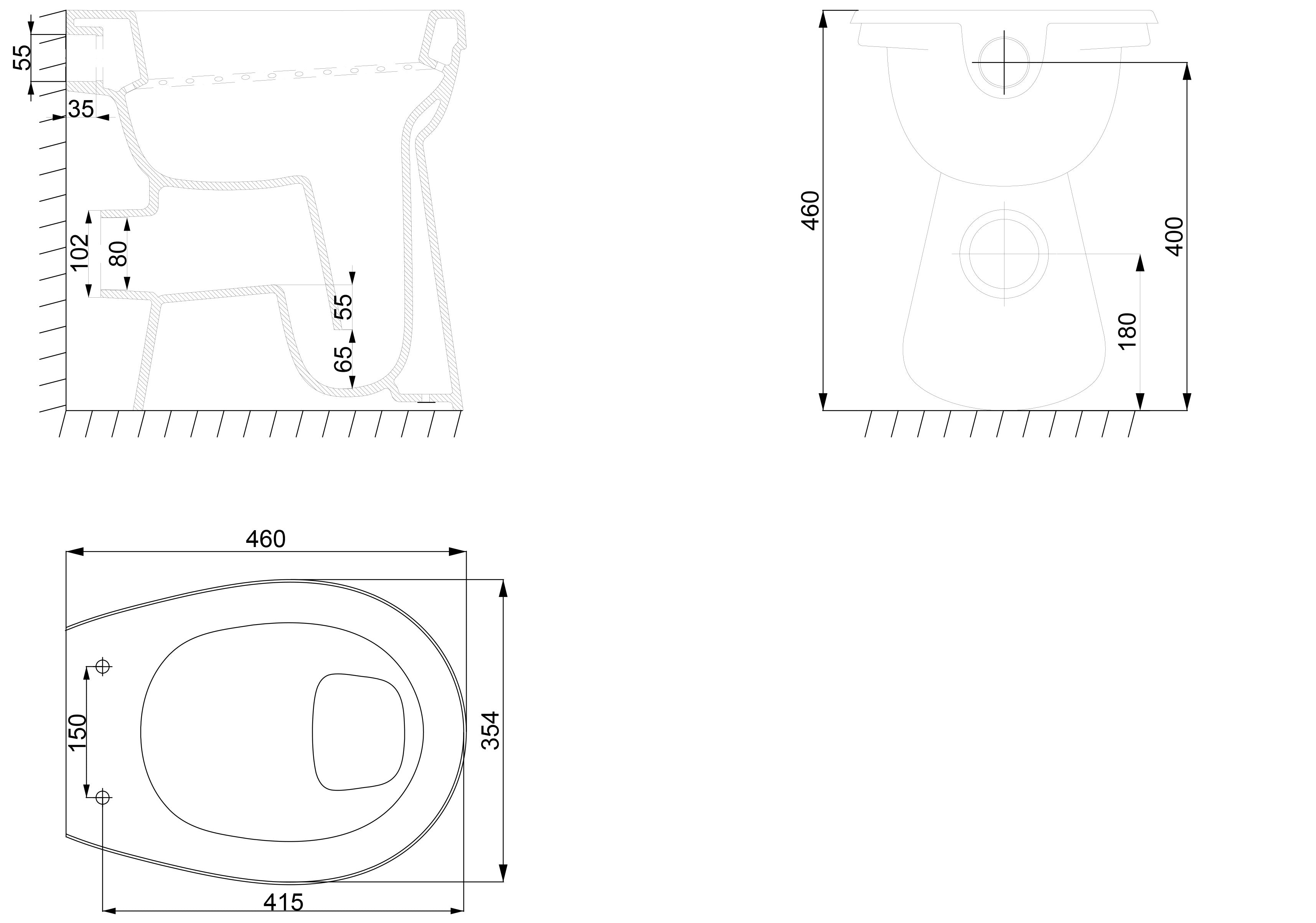 Maattekening Toiletpot verhoogd staand PK 46 x 46 cm glans wit