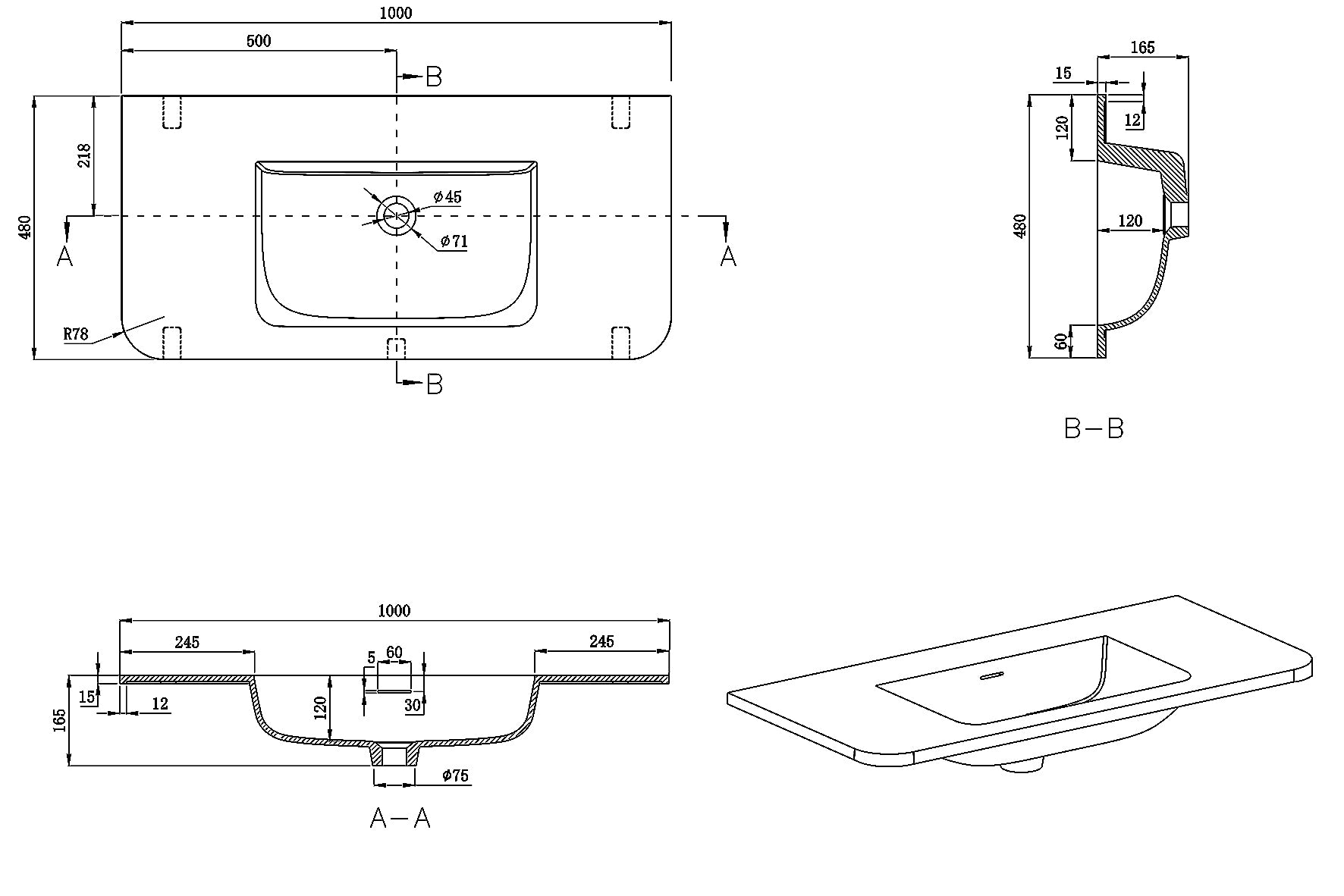 Maattekening Wiesbaden Laro wastafel zonder kraangat ronde hoeken 100 x 48 x 1,5 cm solid surface mat wit