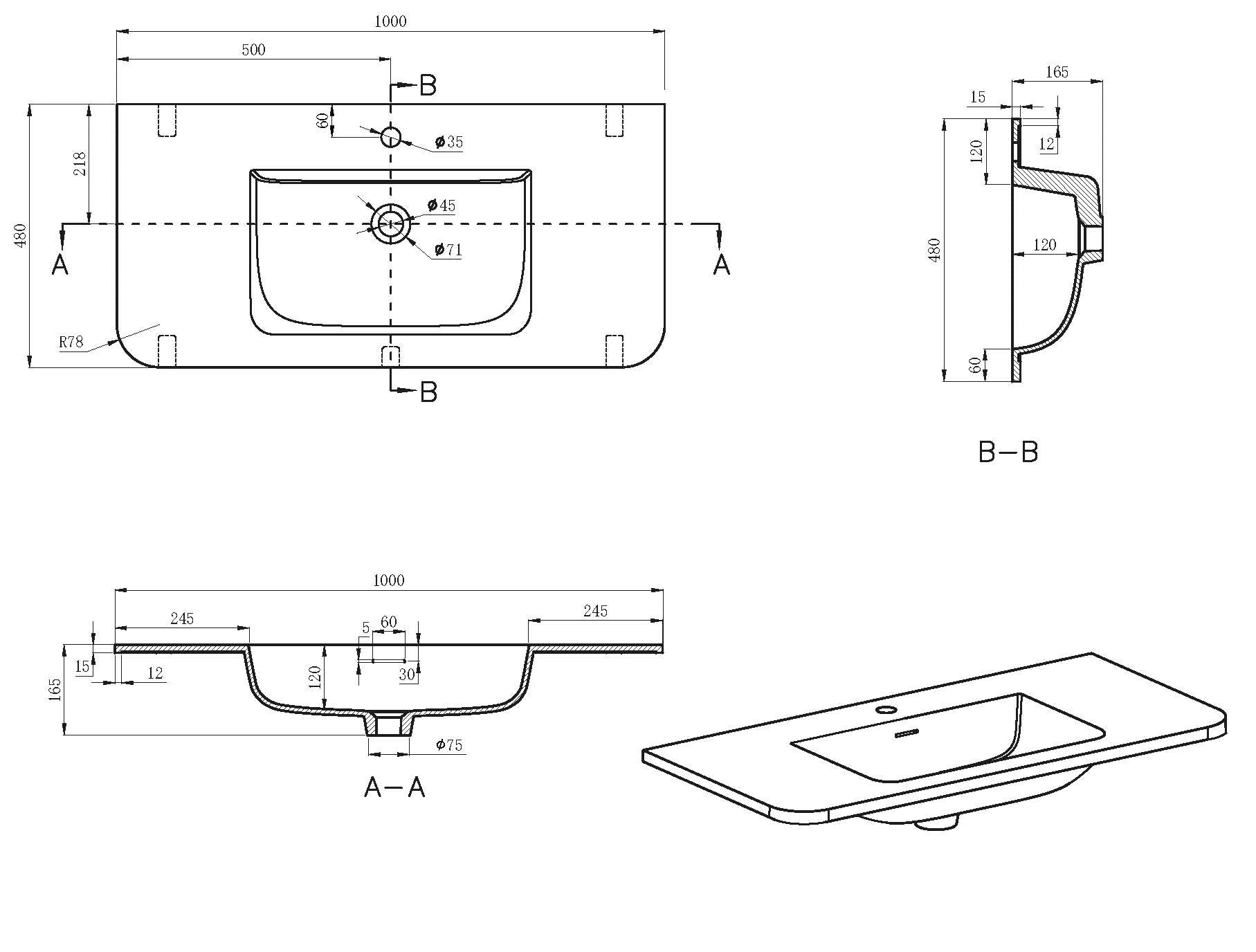 Maattekening Wiesbaden Laro wastafel enkel met 1 kraangat ronde hoeken 100 x 48 x 1,5 cm solid surface beige