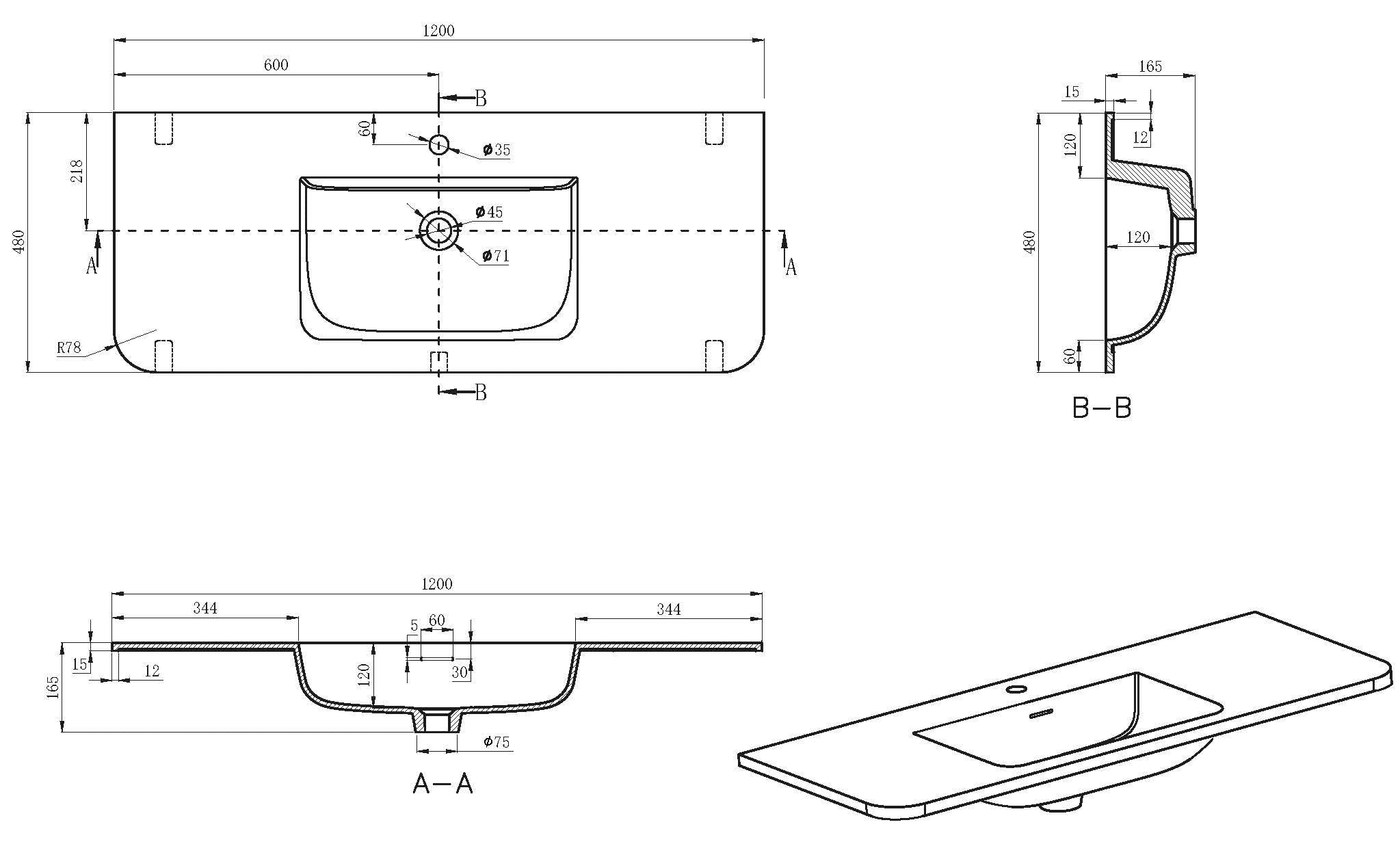 Maattekening Wiesbaden Laro wastafel enkel met 1 kraangat ronde hoeken 120 x 48 x 1,5 cm solid surface beige