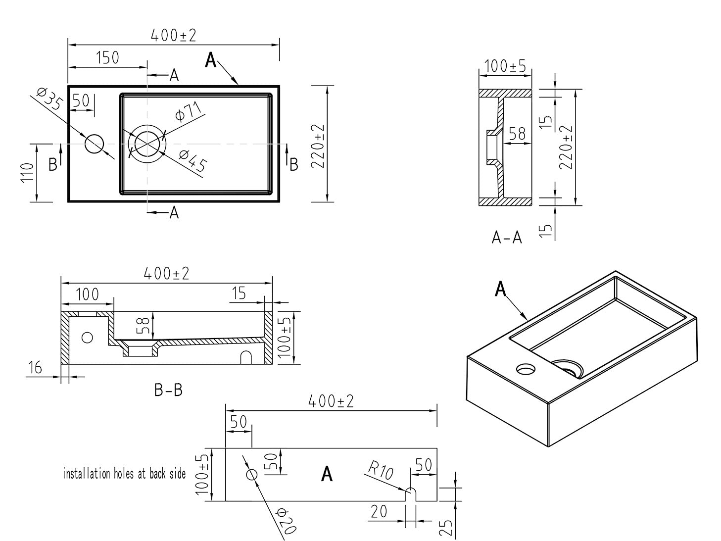 Lotte fontein links 40 x 22 x 10 cm solid surface mat wit maattekening – 40 × 22 × 10 cm | Dealplein