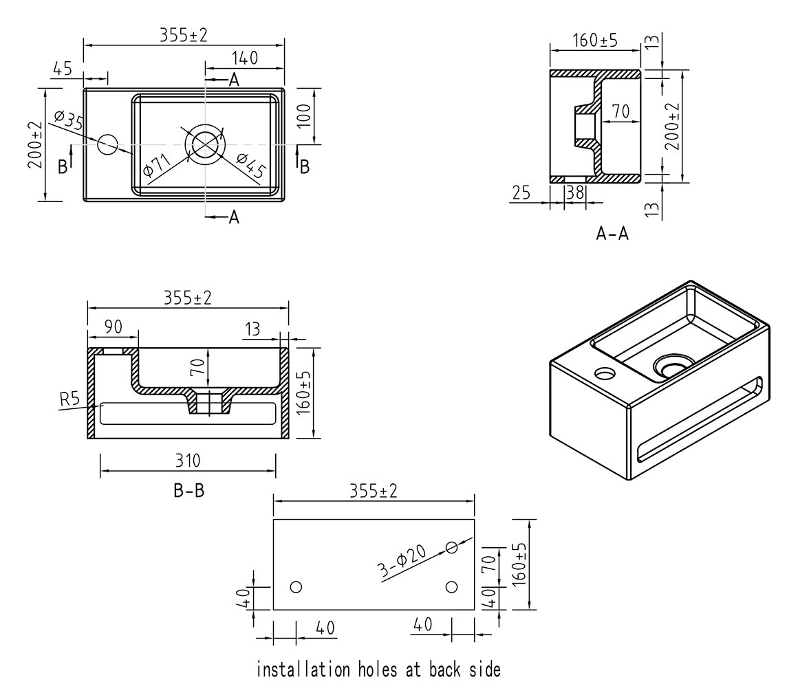 Maattekening Wiesbaden Julia fontein links 35 x 20 x 16 cm solid surface beige