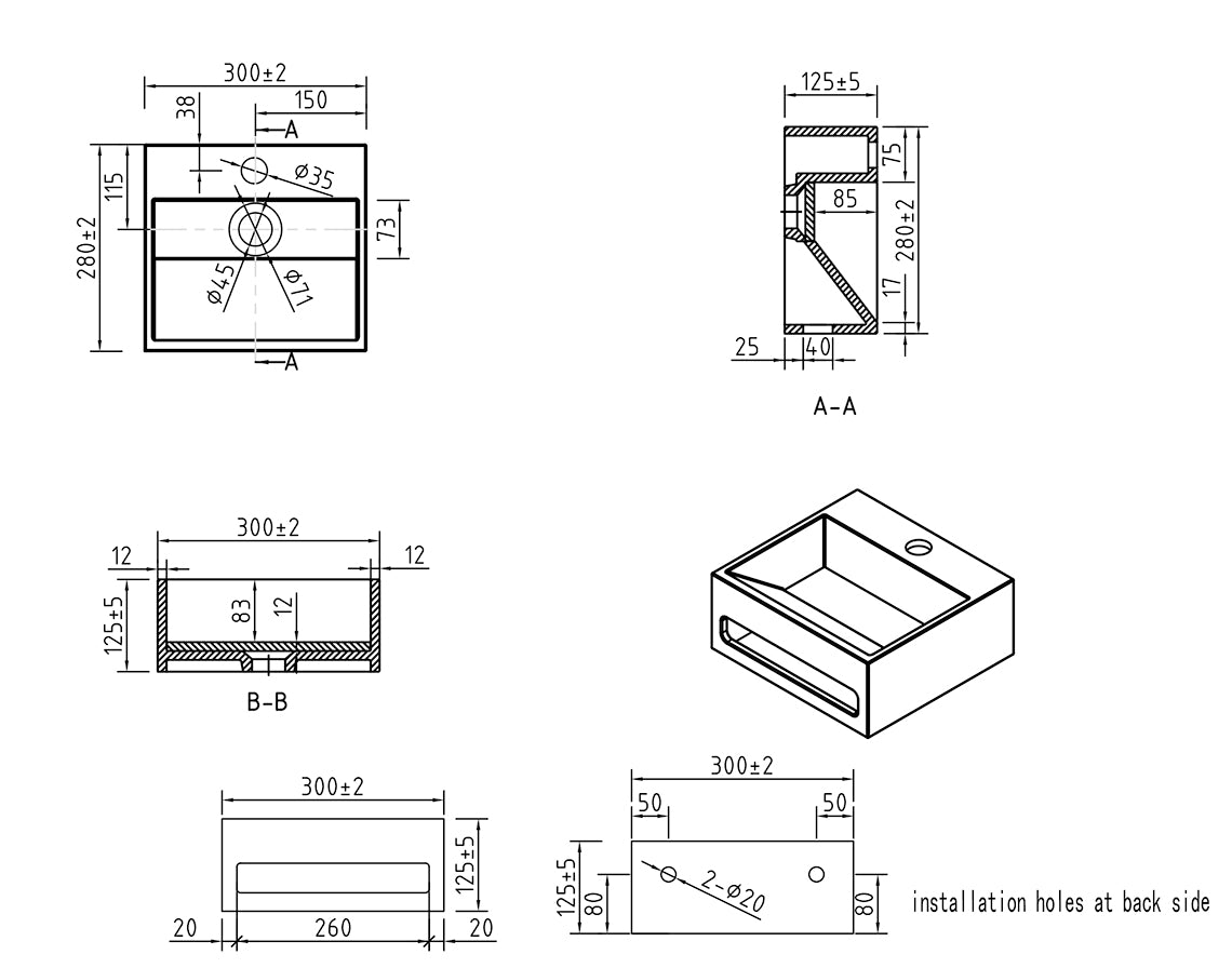 Julia fontein 30 x 28 x 12,5 cm solid surface mat wit maattekening – 30 × 28 × 12,5 cm | Dealplein