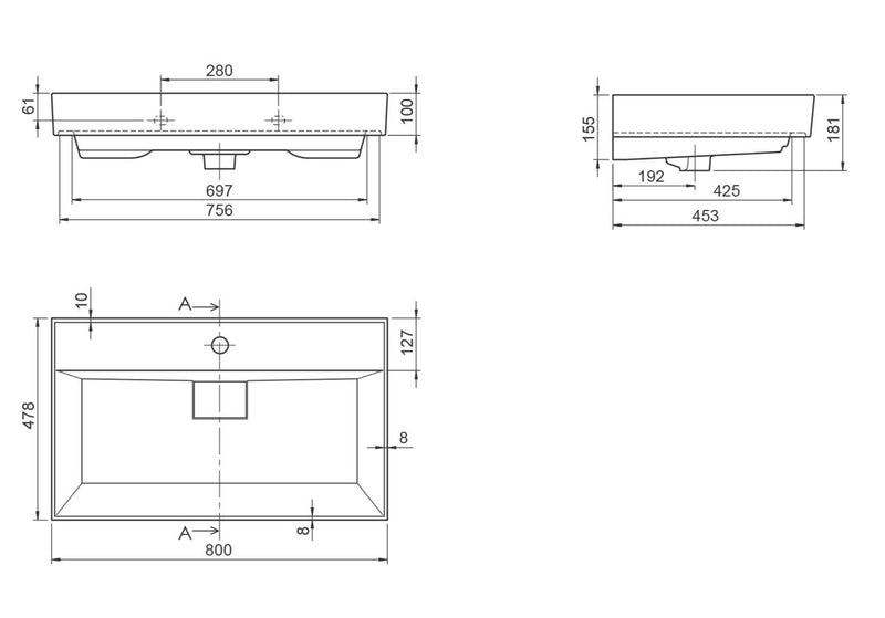 Keramische wastafel Sharp 80x48x10cm