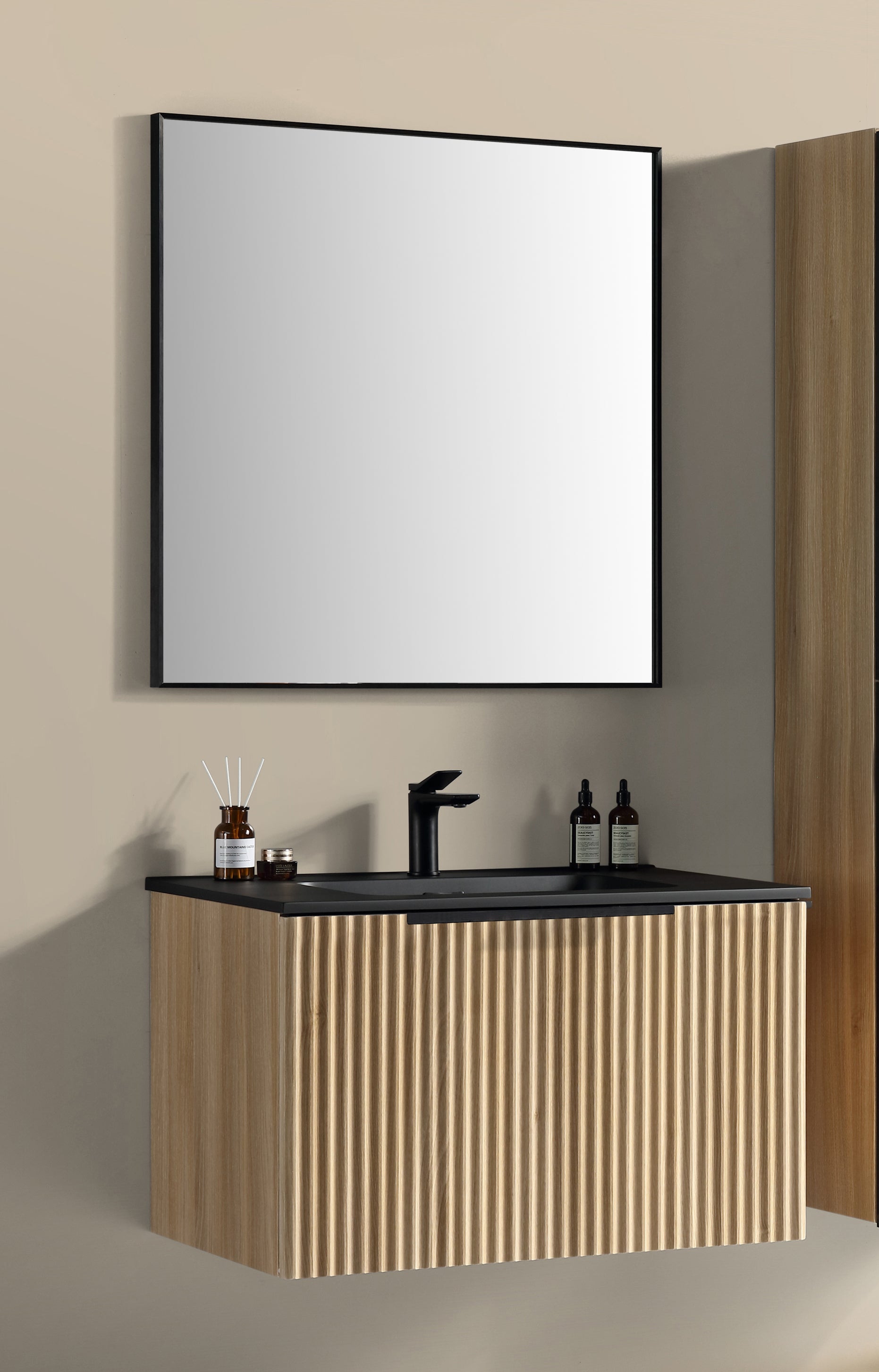 Badkamermeubelset Ribbella compleet 80 cm naturel eik/Mat zwart