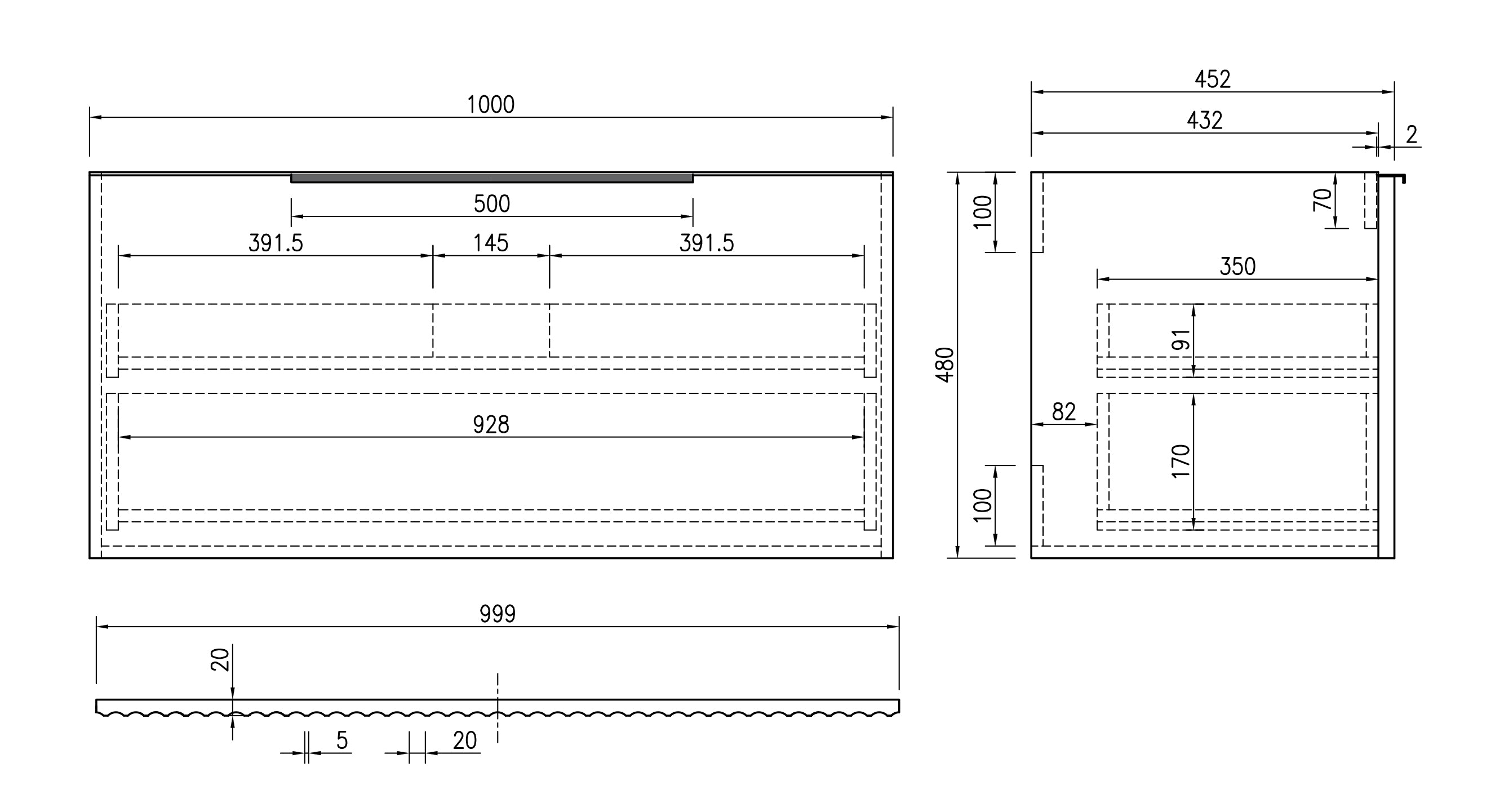 Maattekening Ribbella badmeubel compleet 100 cm naturel eik/mat zwart