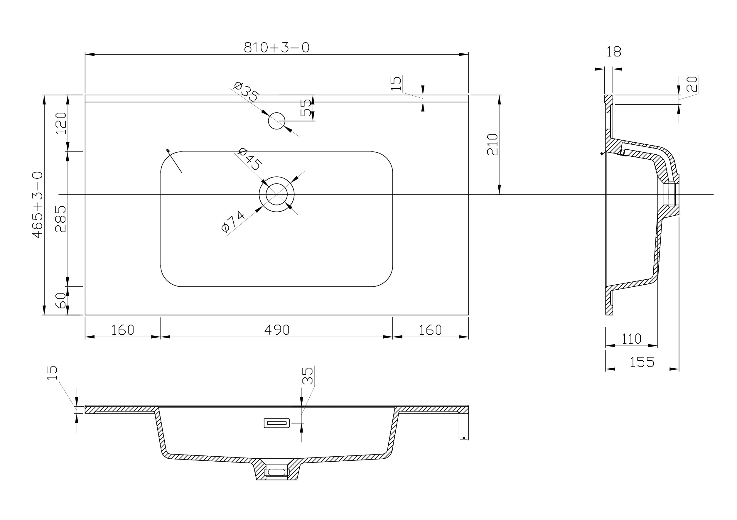 Maattekening Ribbella wastafel 80 cm kunstmarmer mat zwart