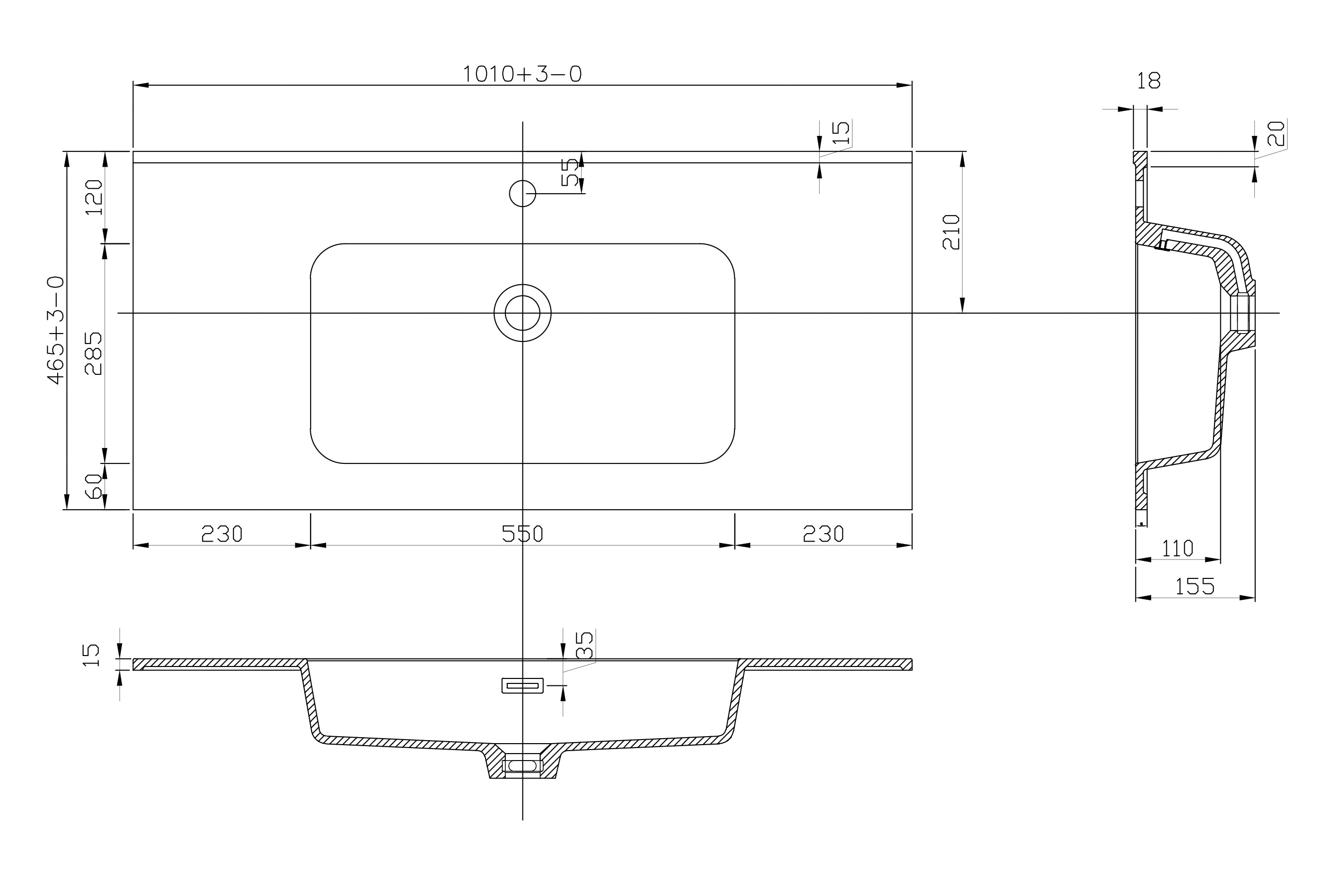 Maattekening Ribbella wastafel 100 cm kunstmarmer mat zwart