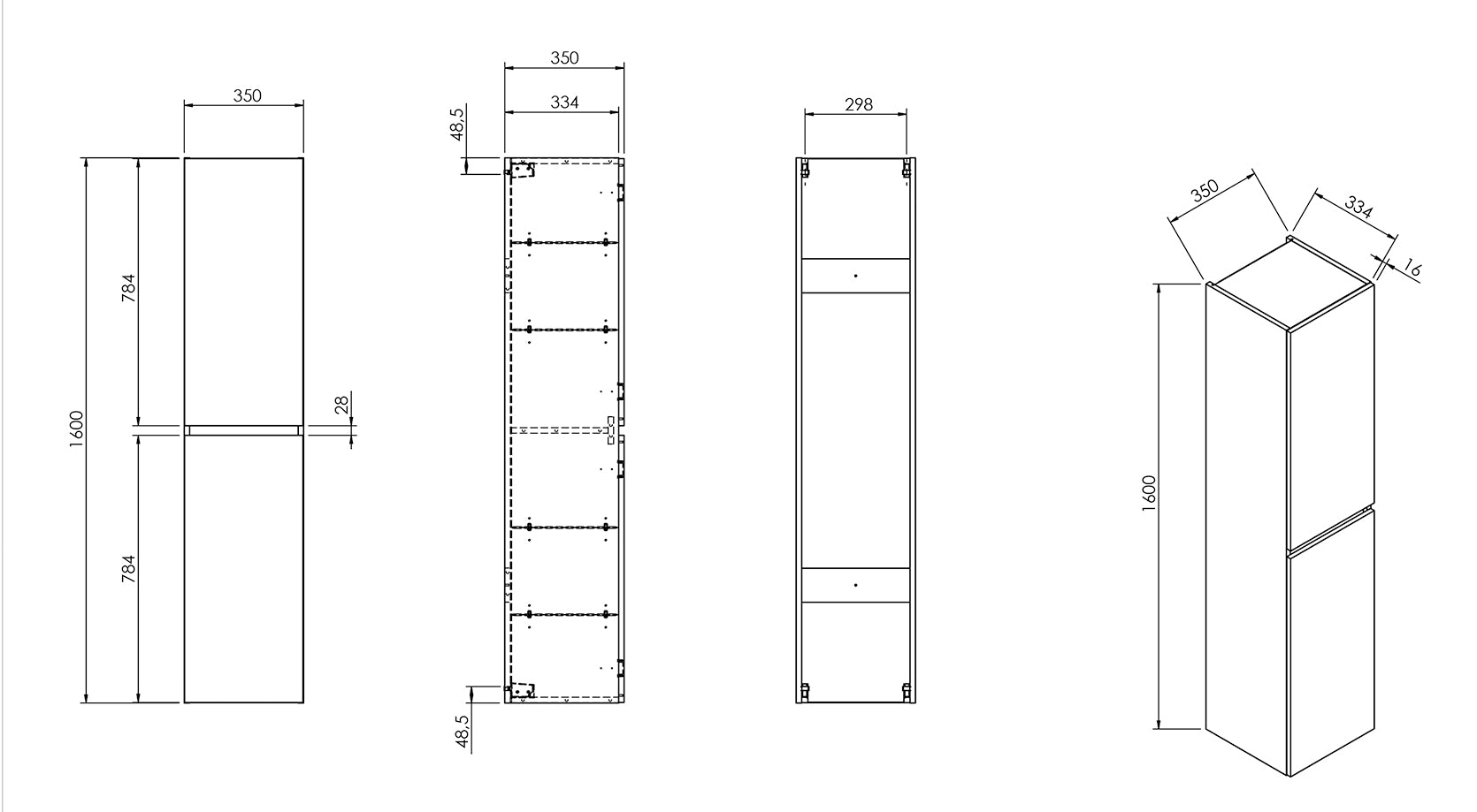 Alvara kolomkast 160x35x35 cm mat wit maattekening – 160 × 35 × 35 cm | Dealplein