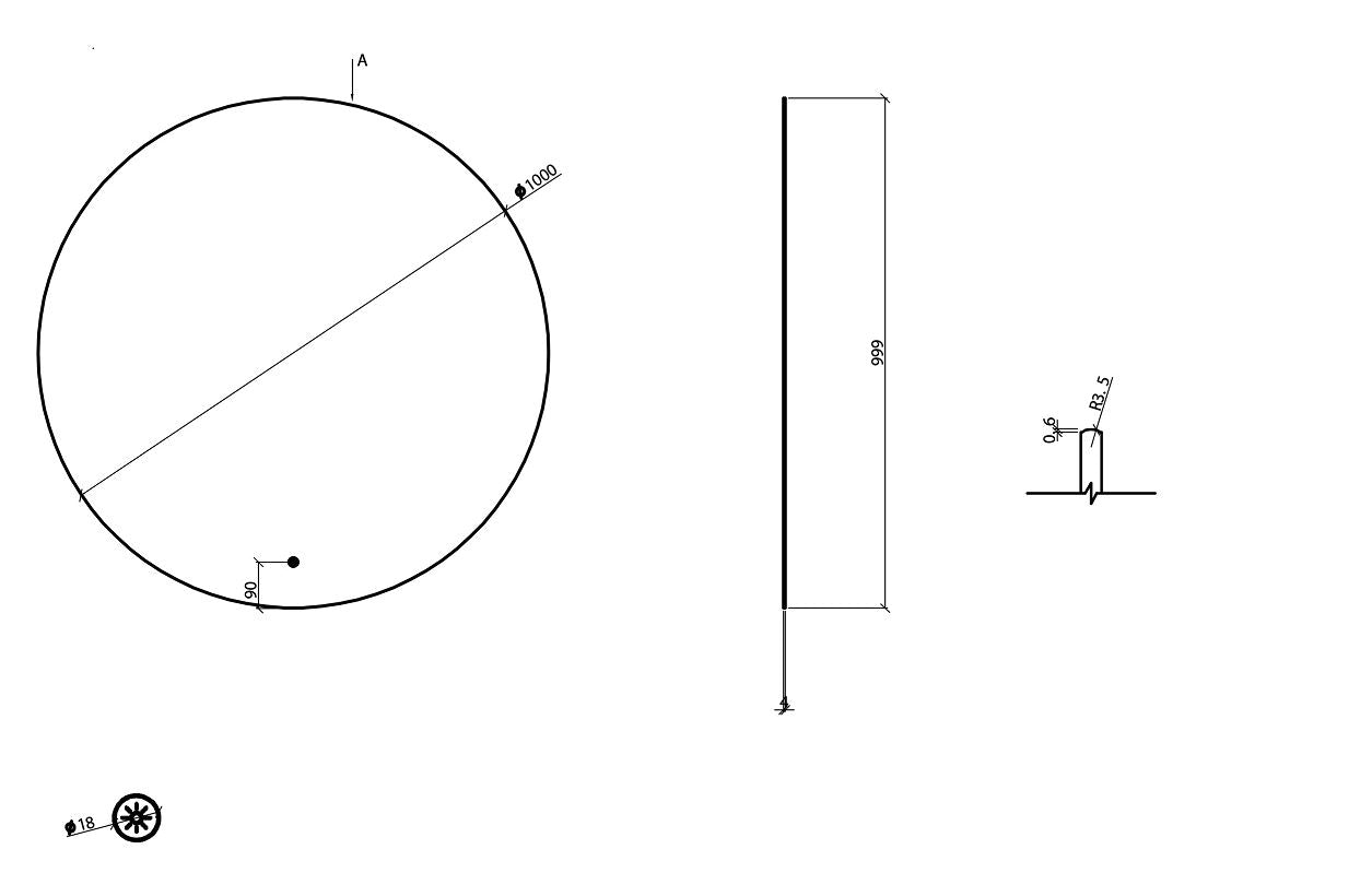 Maattekening Wiesbaden Novi spiegel rond met LED, dimbaar 100 cm mat zwart