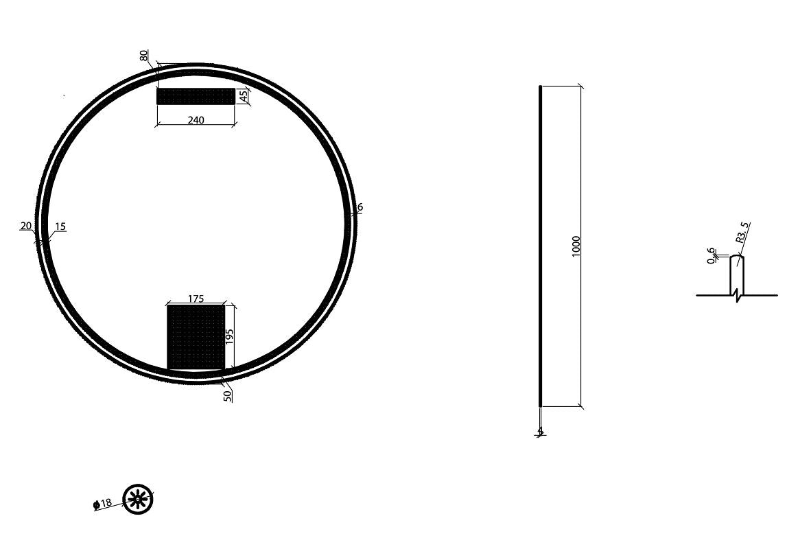 Maattekening Wiesbaden Novi spiegel rond met LED, dimbaar 100 cm mat zwart