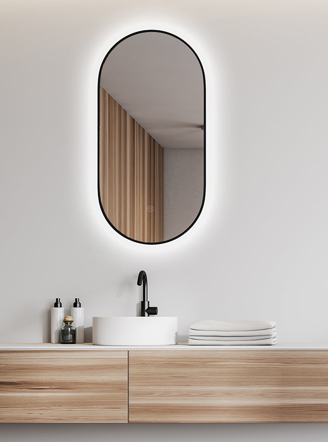 Wiesbaden Nomi spiegel met lijst ovaal met LED, dimbaar en spiegelverwarming 50 x 100 cm mat zwart