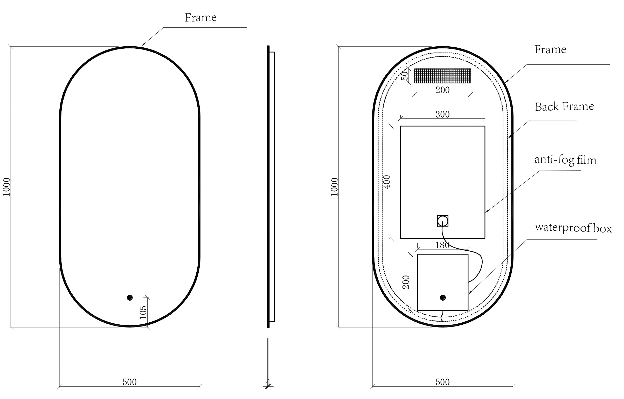 Maattekening Wiesbaden Nomi spiegel met lijst ovaal met LED, dimbaar en spiegelverwarming 50 x 100 cm mat zwart