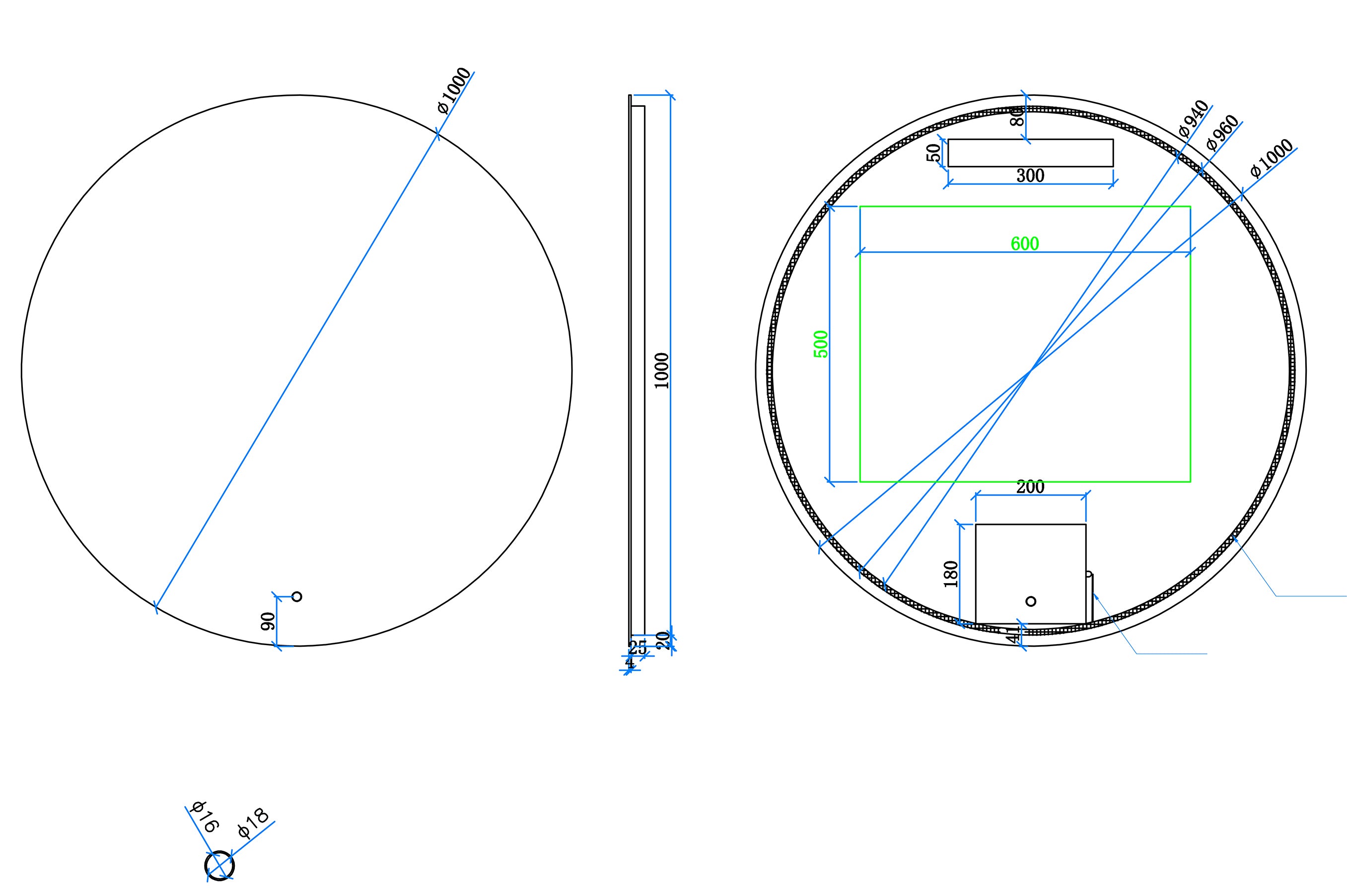 Maattekening Giro spiegel rond met LED, dimbaar en spiegelverwarming 100 cm