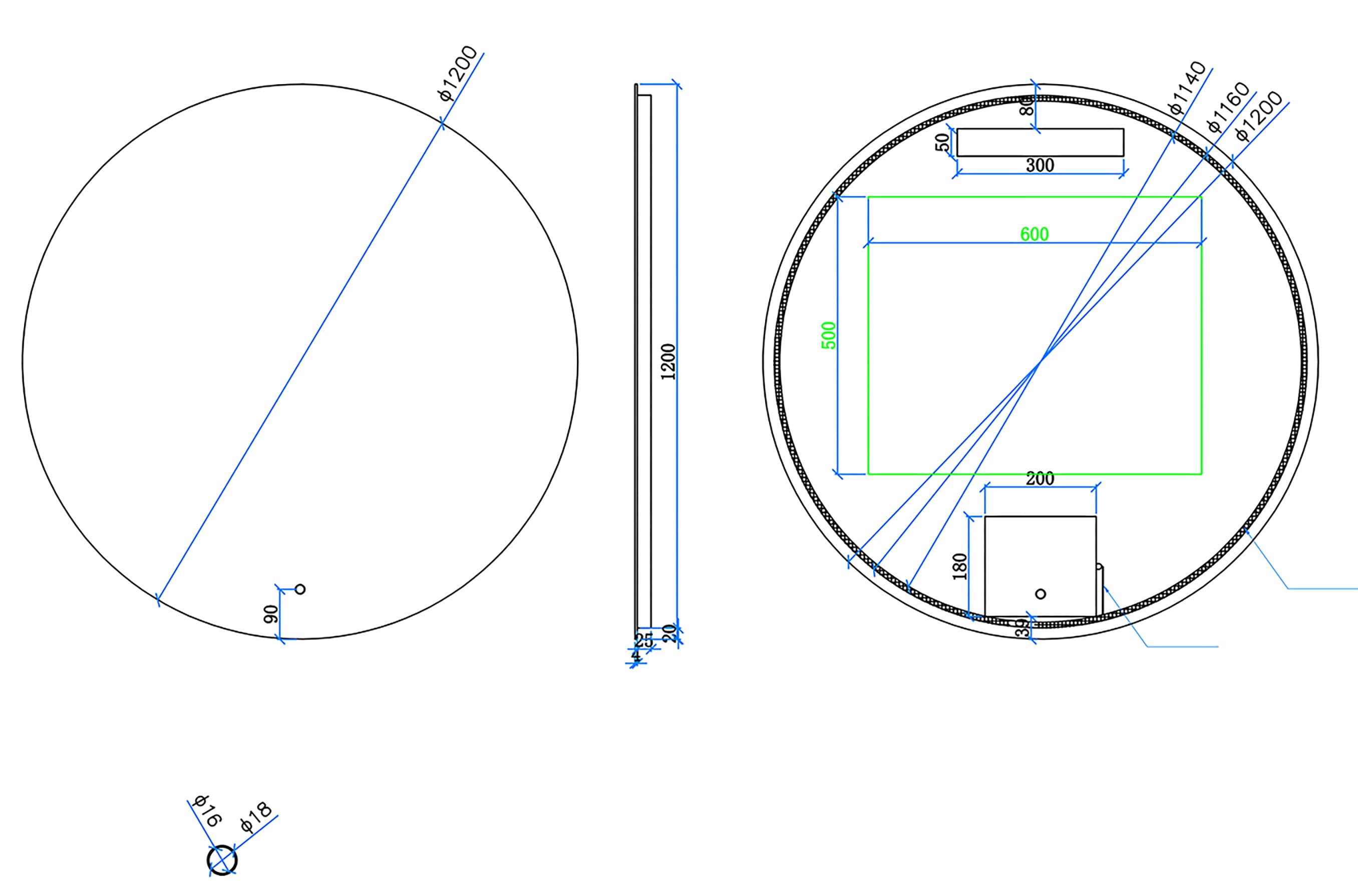 Maattekening Giro spiegel rond met LED, dimbaar en spiegelverwarming 120 cm