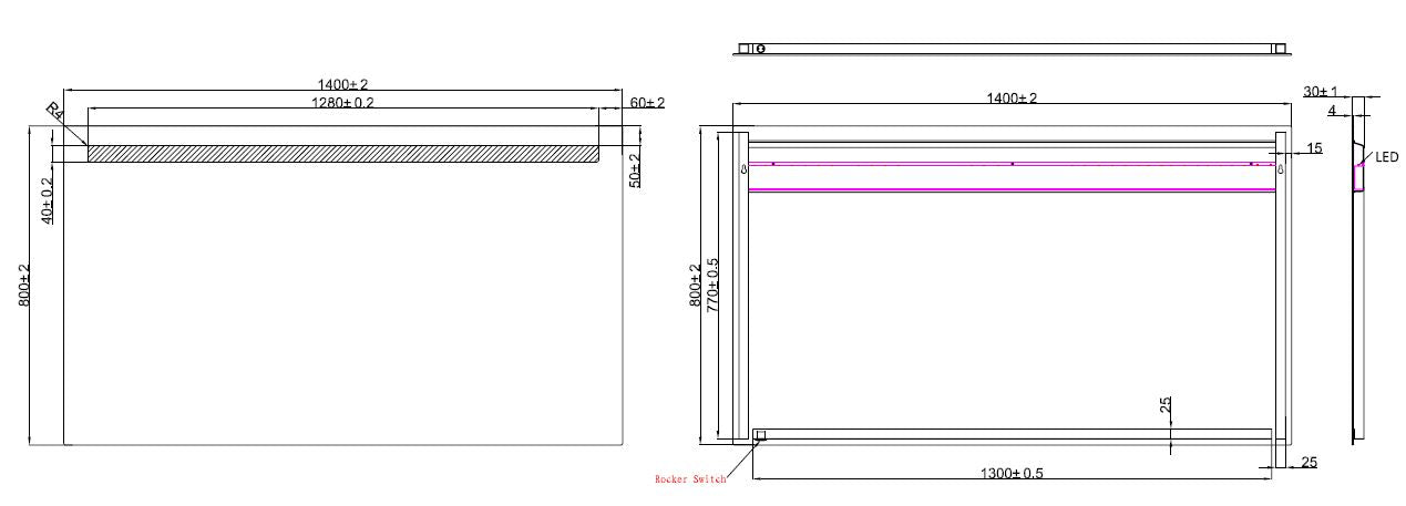 Maattekening Wiesbaden Tigris spiegel rechthoek met LED 140 x 80 cm