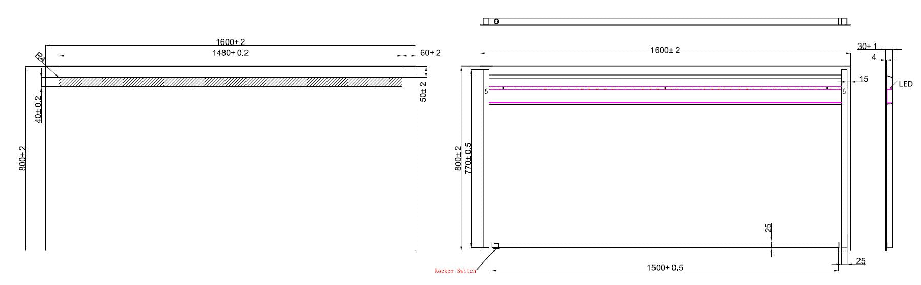 Maattekening Wiesbaden Tigris spiegel rechthoek met LED 160 x 80 cm