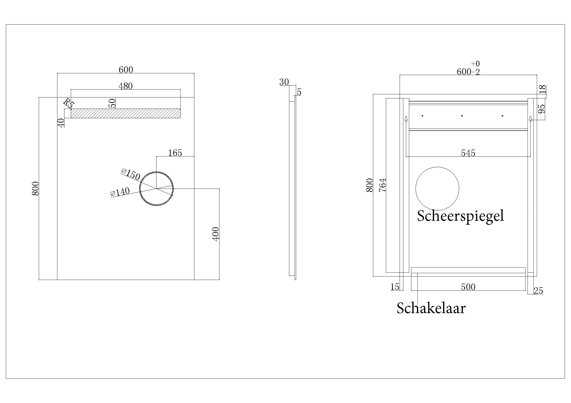 Maattekening Wiesbaden Tigris spiegel rechthoek met LED en scheerspiegel 60 x 80 cm