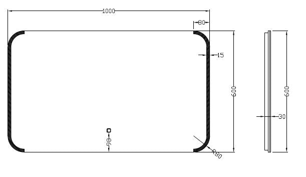 Maattekening Wiesbaden Bracket spiegel rechthoek met LED, dimbaar en spiegelverwarming 100 x 60 cm