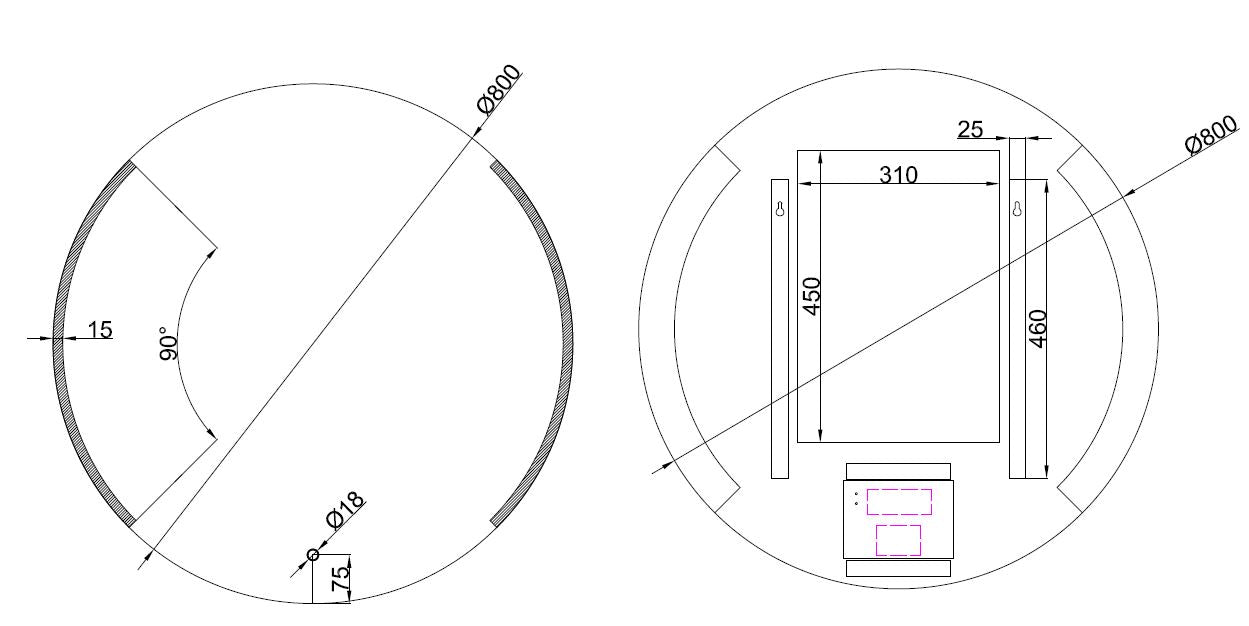 Maattekening Wiesbaden Round spiegel rond met LED, dimbaar en spiegelverwarming 80 cm
