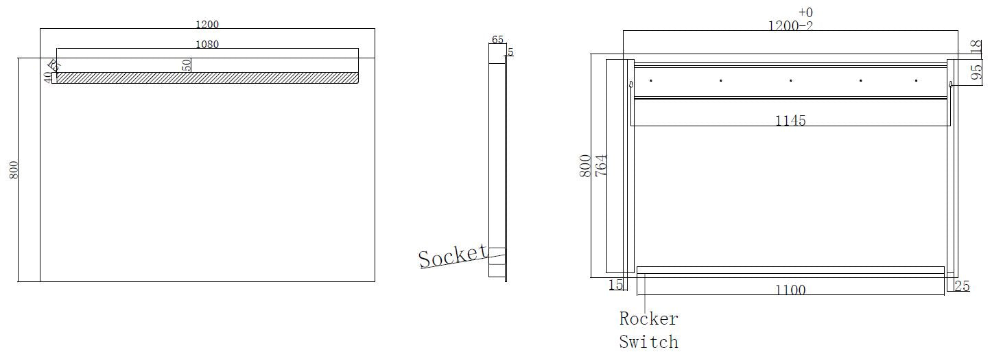 Maattekening Wiesbaden Tigris spiegel rechthoek met LED en stopcontact 120 x 80 cm