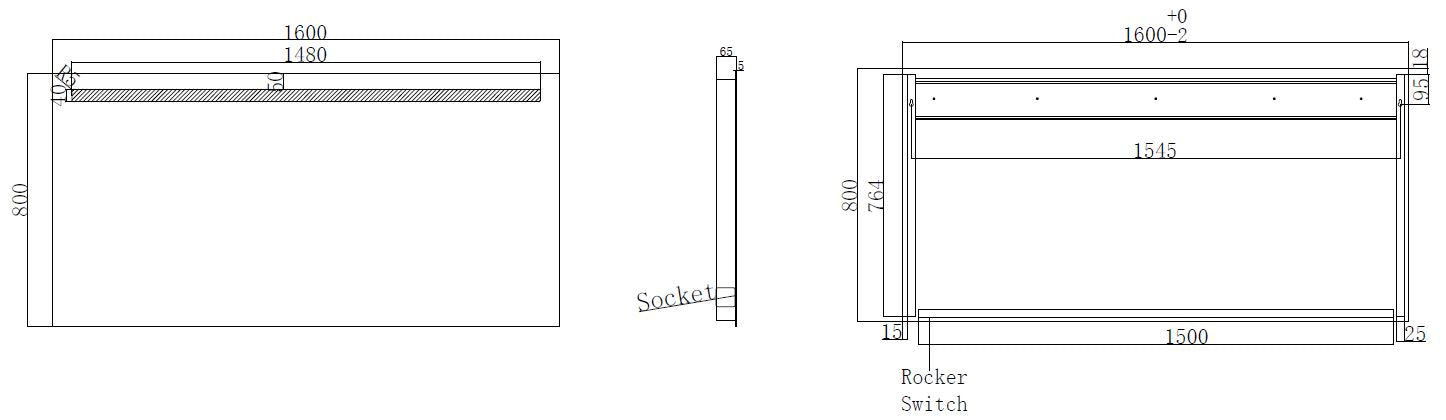 Maattekening Wiesbaden Tigris spiegel rechthoek met LED en stopcontact 160 x 80 cm