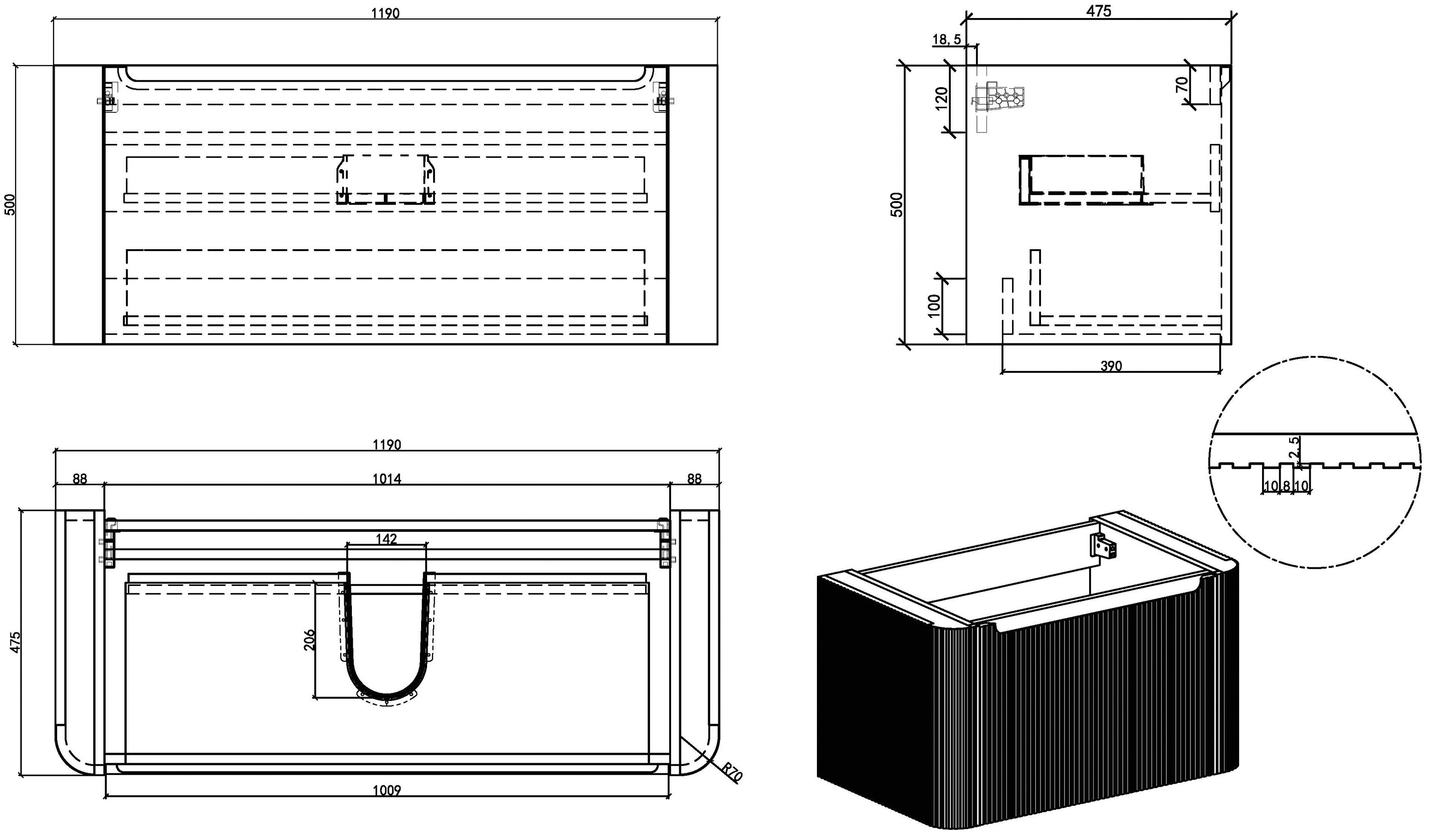 Maattekening Wiesbaden Sulora onderkast afgeronde hoeken geribbeld met 1 lade 1 uitsparing 120 x 48 cm mat beige