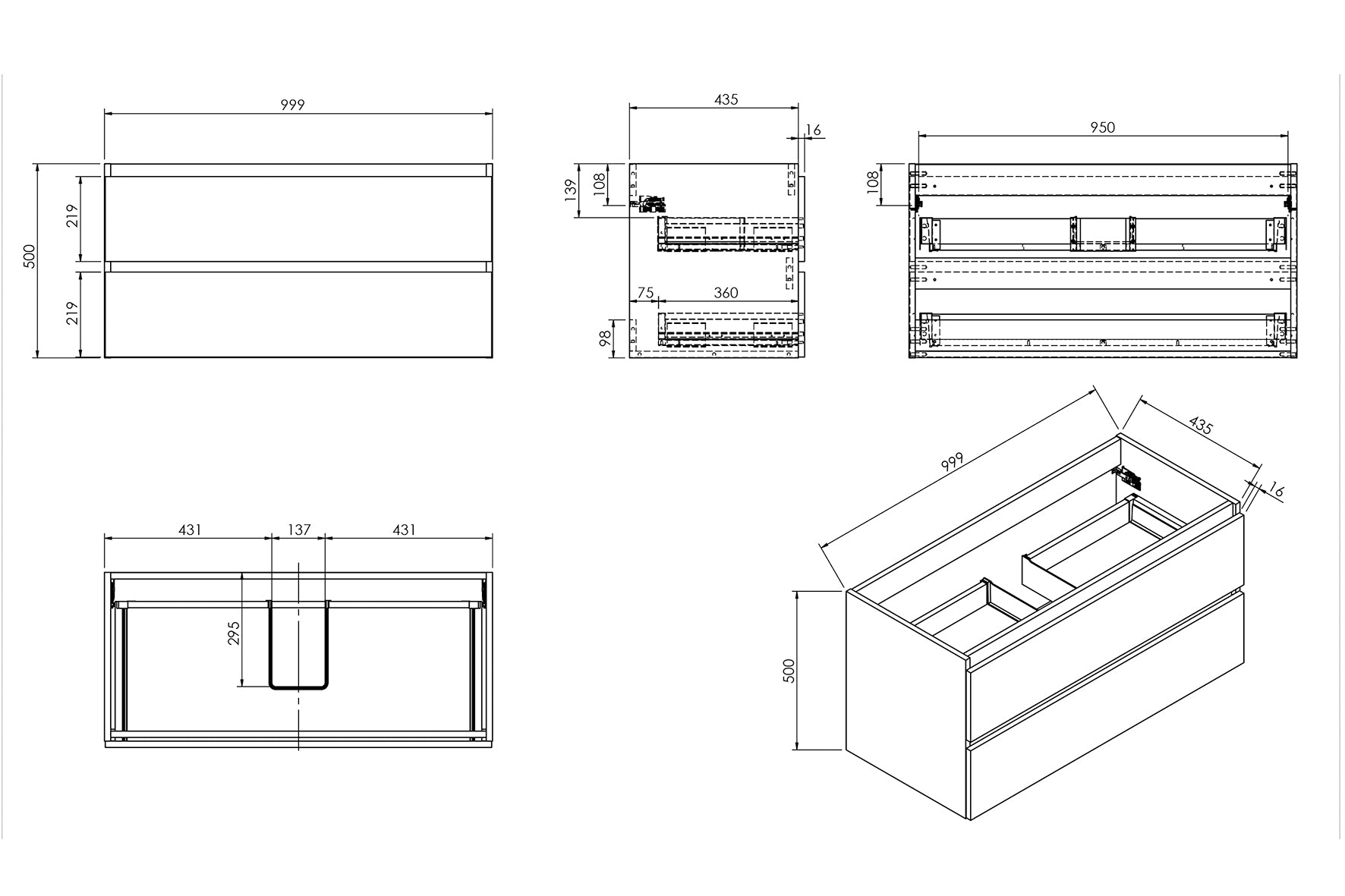 Maattekening Wiesbaden Alvara onderkast met 2 laden 1 uitsparing 100 x 46 cm mat wit
