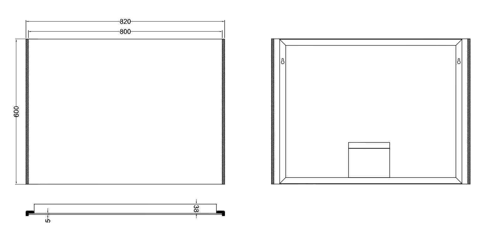 Maattekening Wiesbaden Duo spiegel rechthoek met LED, dimbaar en spiegelverwarming 82 x 60 cm