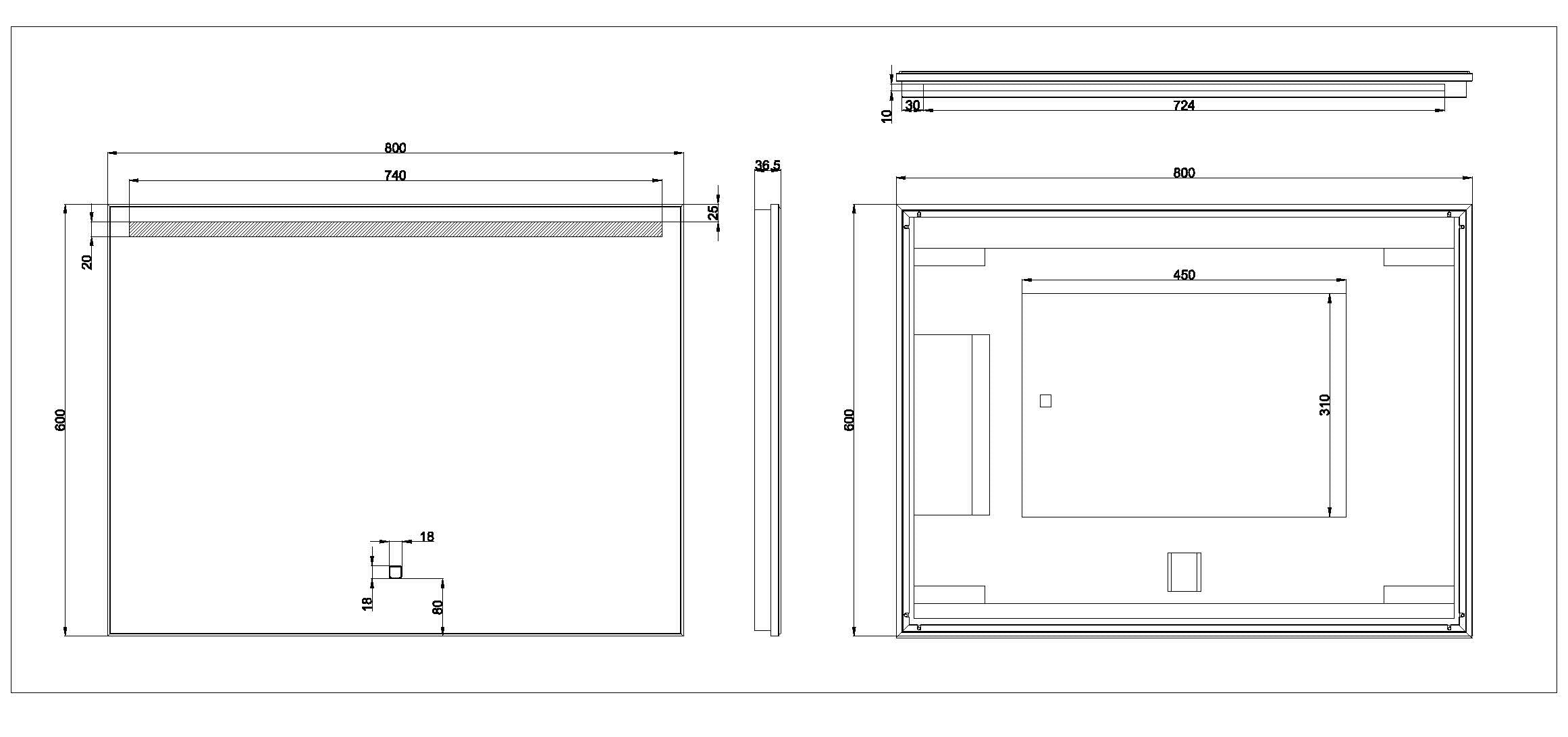Maattekening Wiesbaden Ambi one spiegel rechthoek met LED, dimbaar en spiegelverwarming 80 x 60 cm