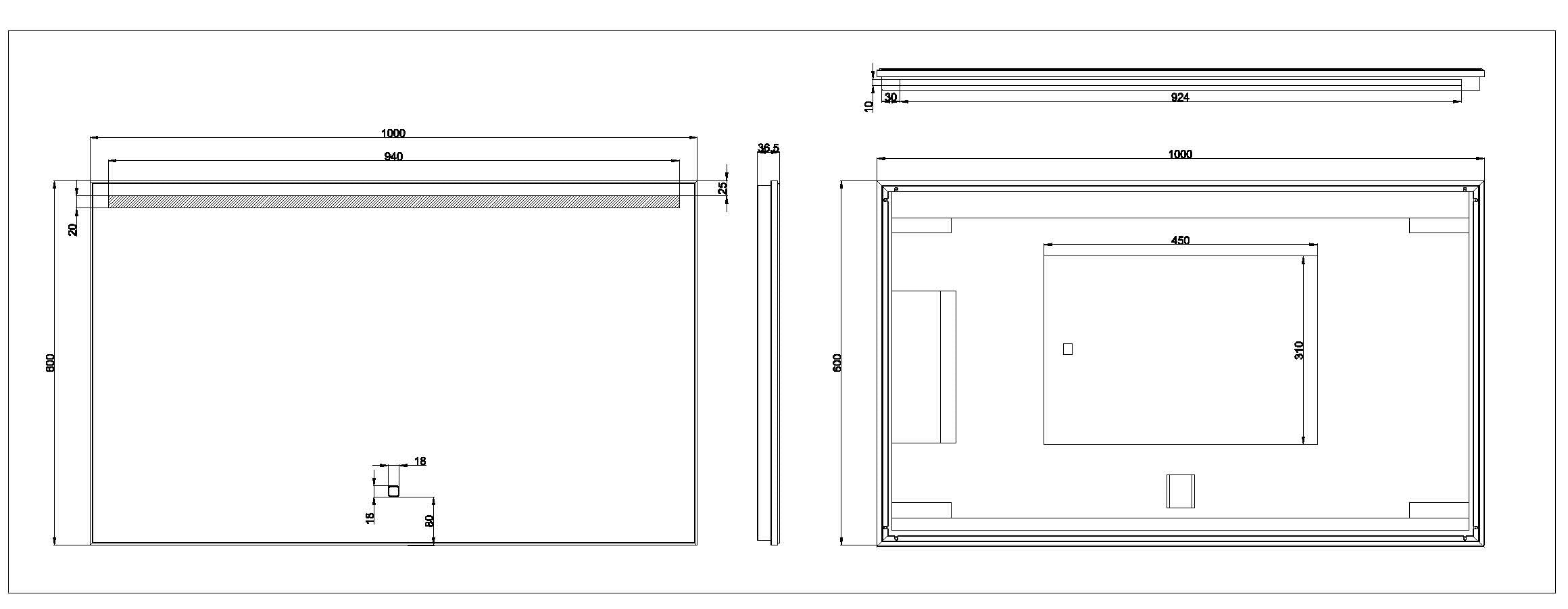 Maattekening Wiesbaden Ambi one spiegel rechthoek met LED, dimbaar en spiegelverwarming 100 x 60 cm