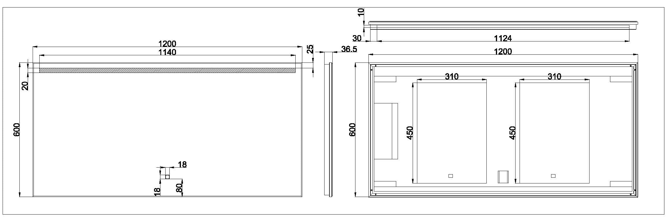 Maattekening Wiesbaden Ambi one spiegel rechthoek met LED, dimbaar en spiegelverwarming 120 x 60 cm