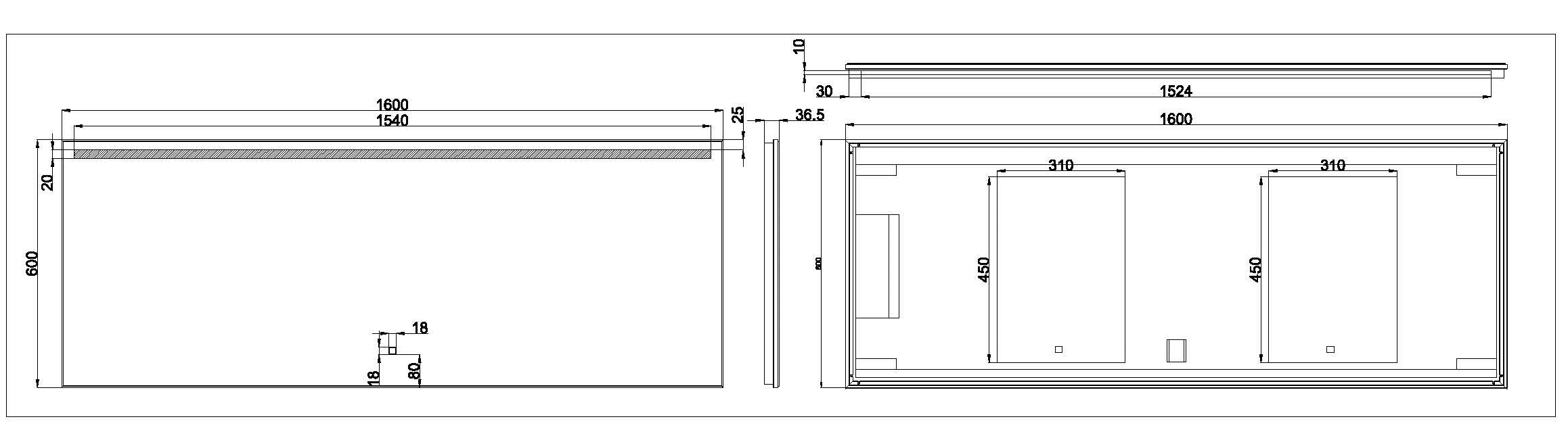 Maattekening Wiesbaden Ambi one spiegel rechthoek met LED, dimbaar en spiegelverwarming 160 x 60 cm
