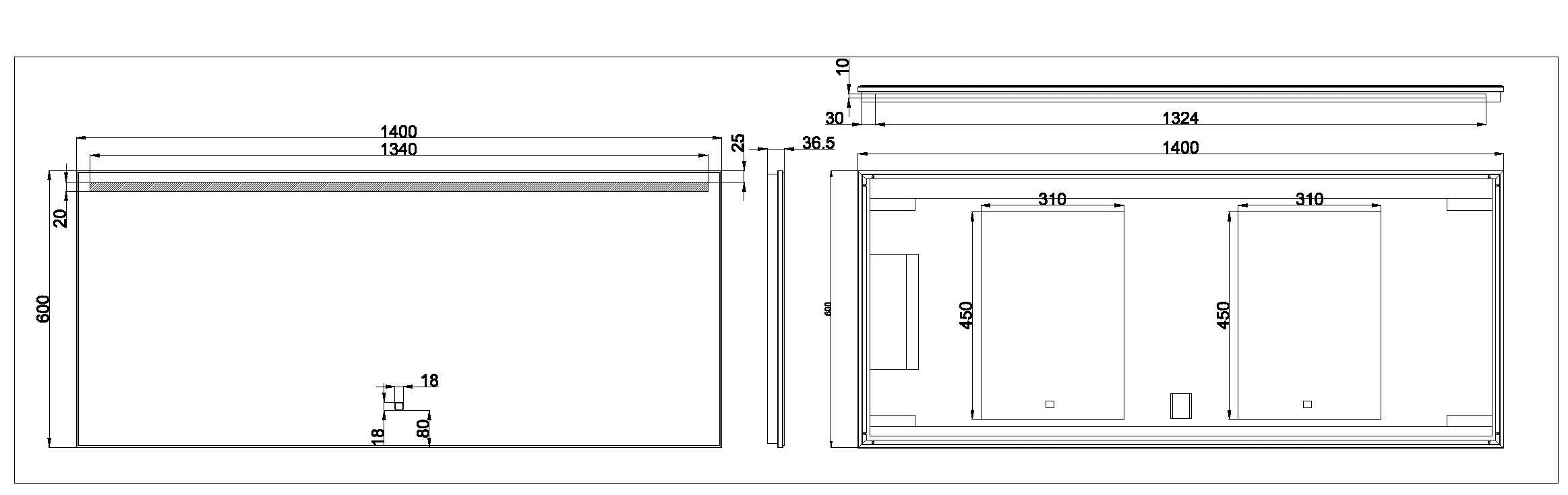Maattekening Wiesbaden Ambi one spiegel rechthoek met LED, dimbaar en spiegelverwarming 140 x 60 cm