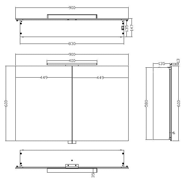 Maattekening Bright spiegelkast met LED 90 x 60 x 14 cm