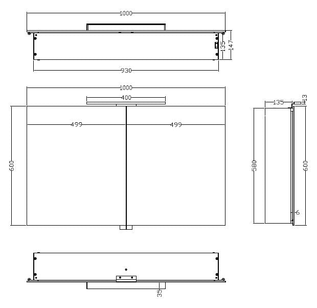 Maattekening Bright spiegelkast met LED 100 x 60 x 14 cm