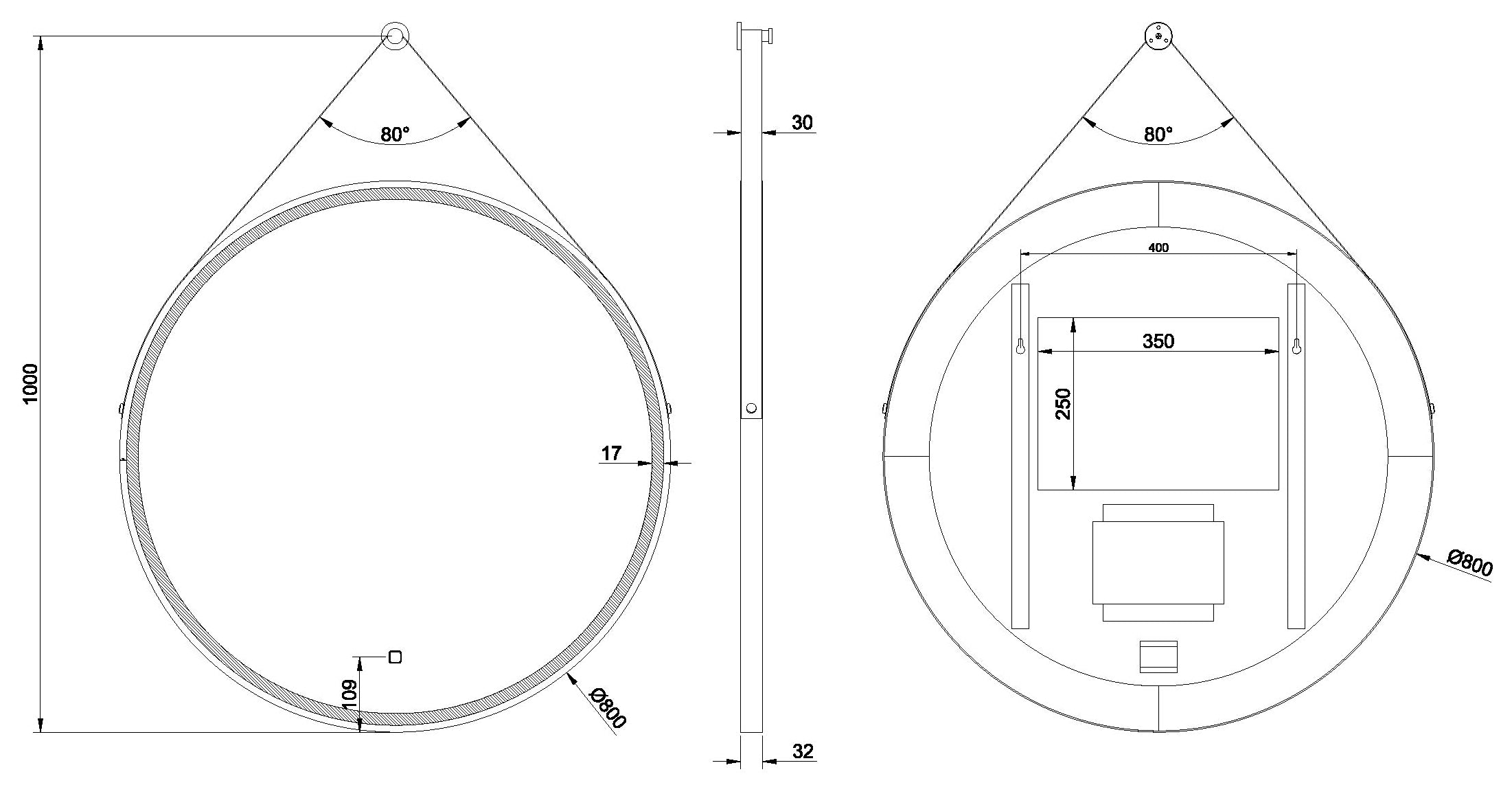 Maattekening Wiesbaden Cinto spiegel rond met band, LED, dimbaar en spiegelverwarming 80 cm mat zwart