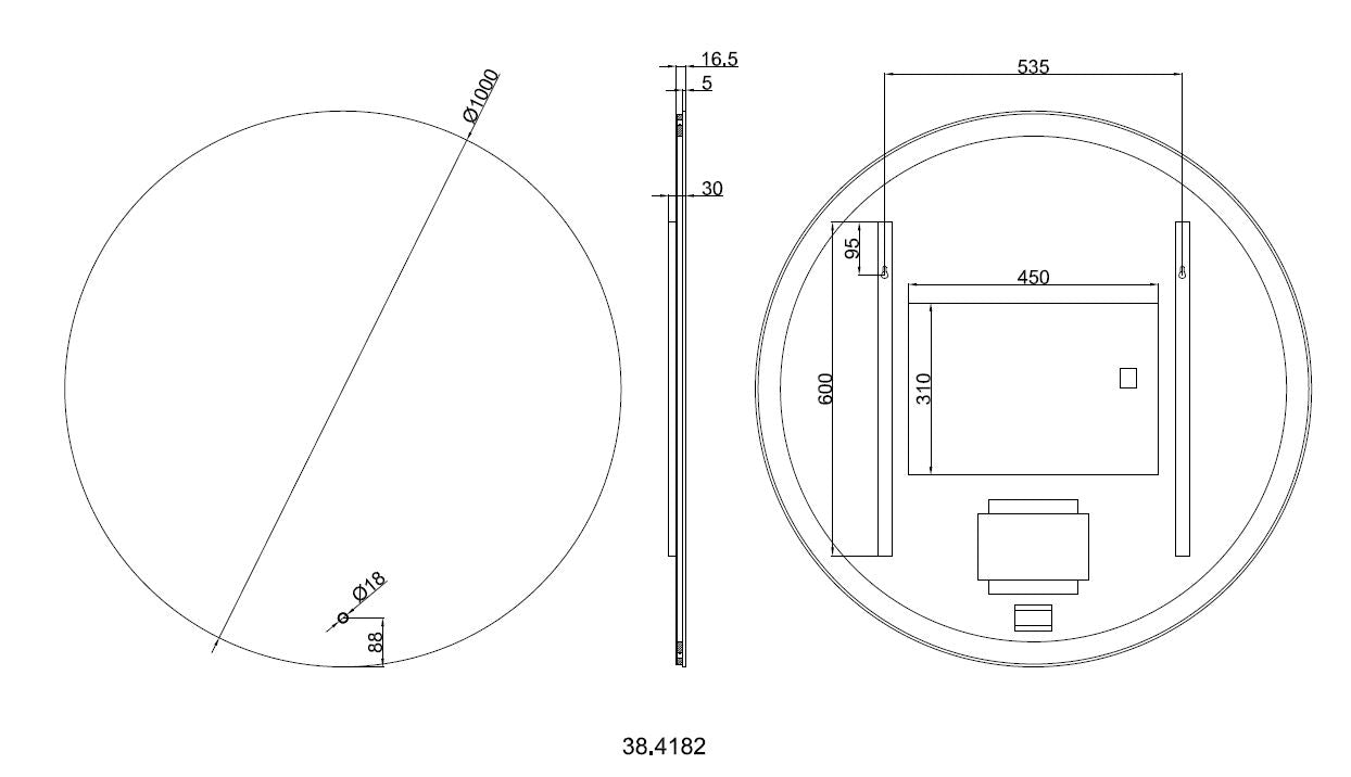 Maattekening Wiesbaden Soul spiegel rond met LED, dimbaar en spiegelverwarming 100 cm