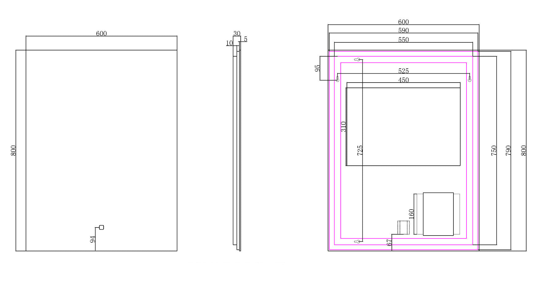 Maattekening Wiesbaden Soul spiegel rechthoek met LED, dimbaar en spiegelverwarming 60 x 80 cm