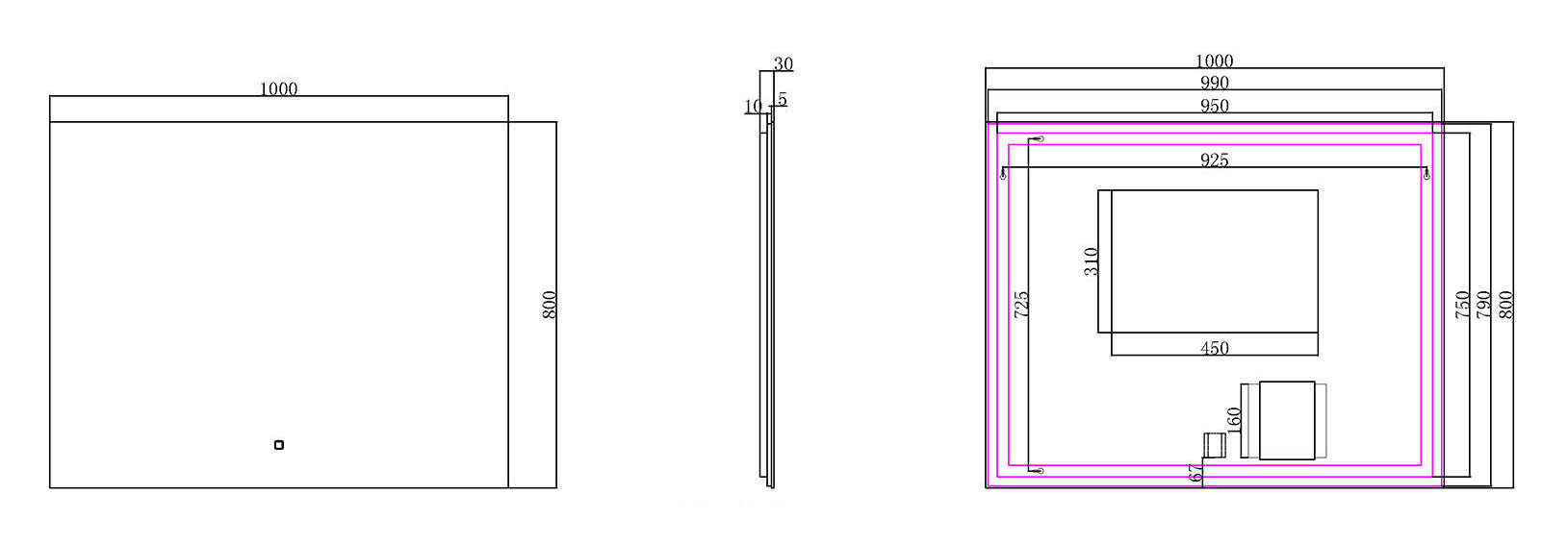 Maattekening Wiesbaden Soul spiegel rechthoek met LED, dimbaar en spiegelverwarming 100 x 80 cm