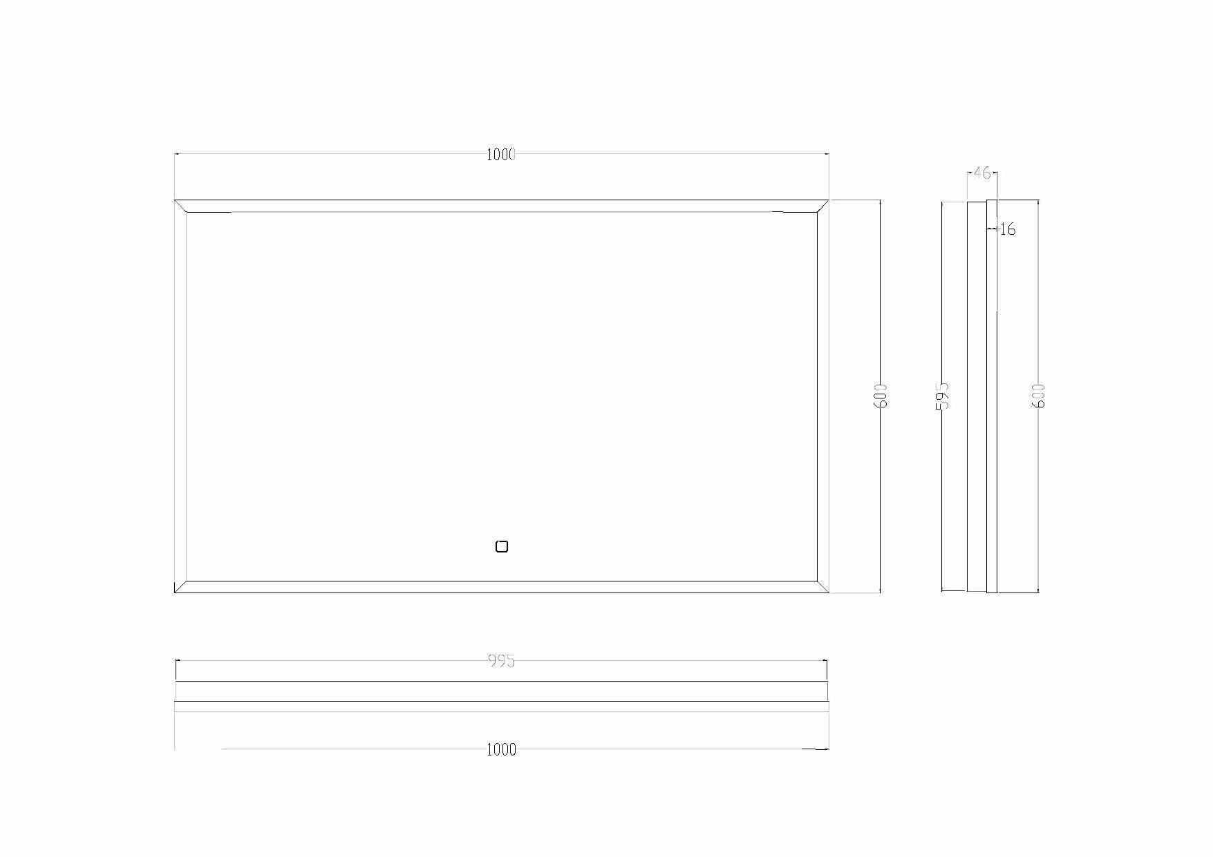 Maattekening Wiesbaden Avi spiegel rechthoek met LED, dimbaar en spiegelverwarming 100 x 60 cm mat zwart