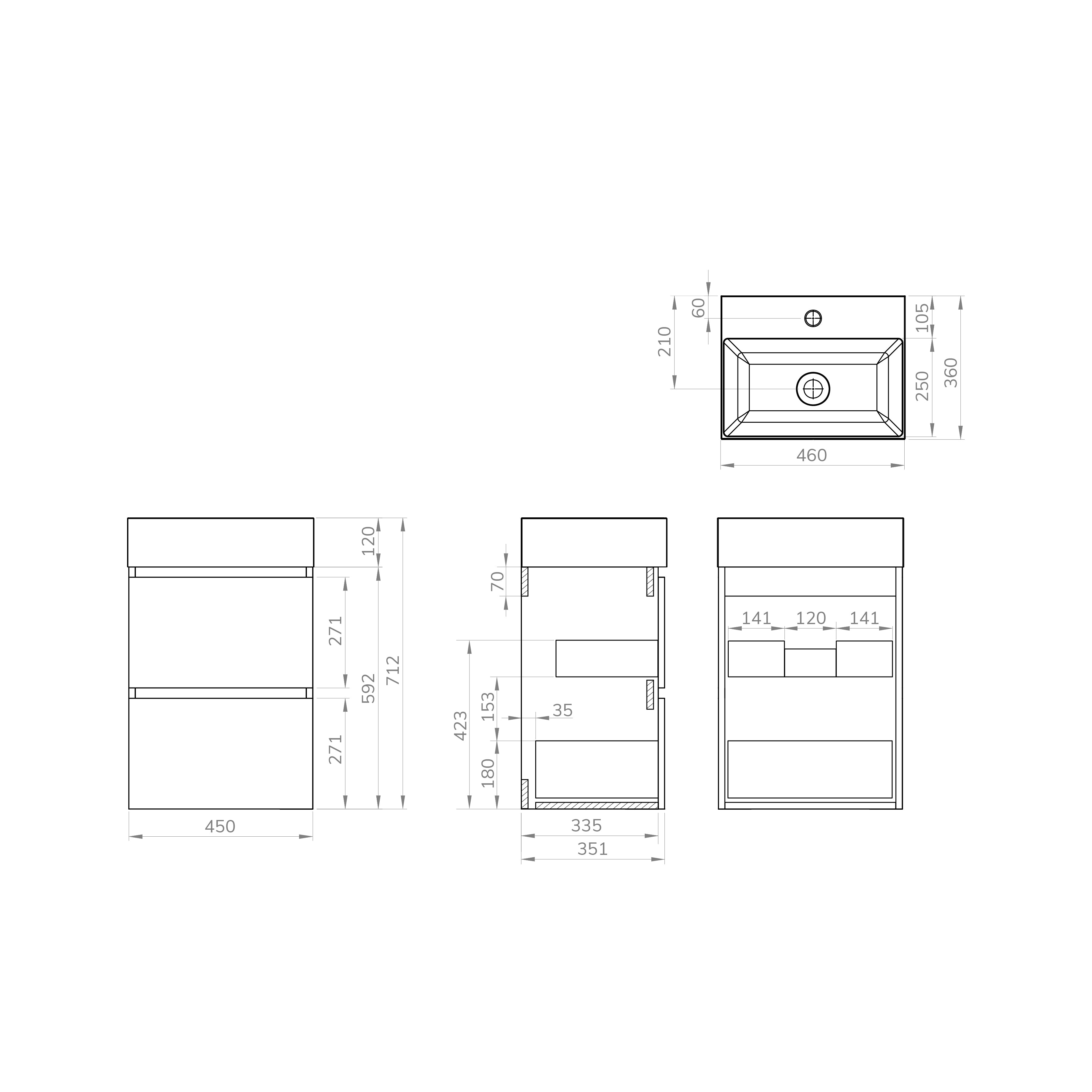 Maattekening Mini onderkast met 2 laden 45 cm glans wit en wastafel keramiek glans wit