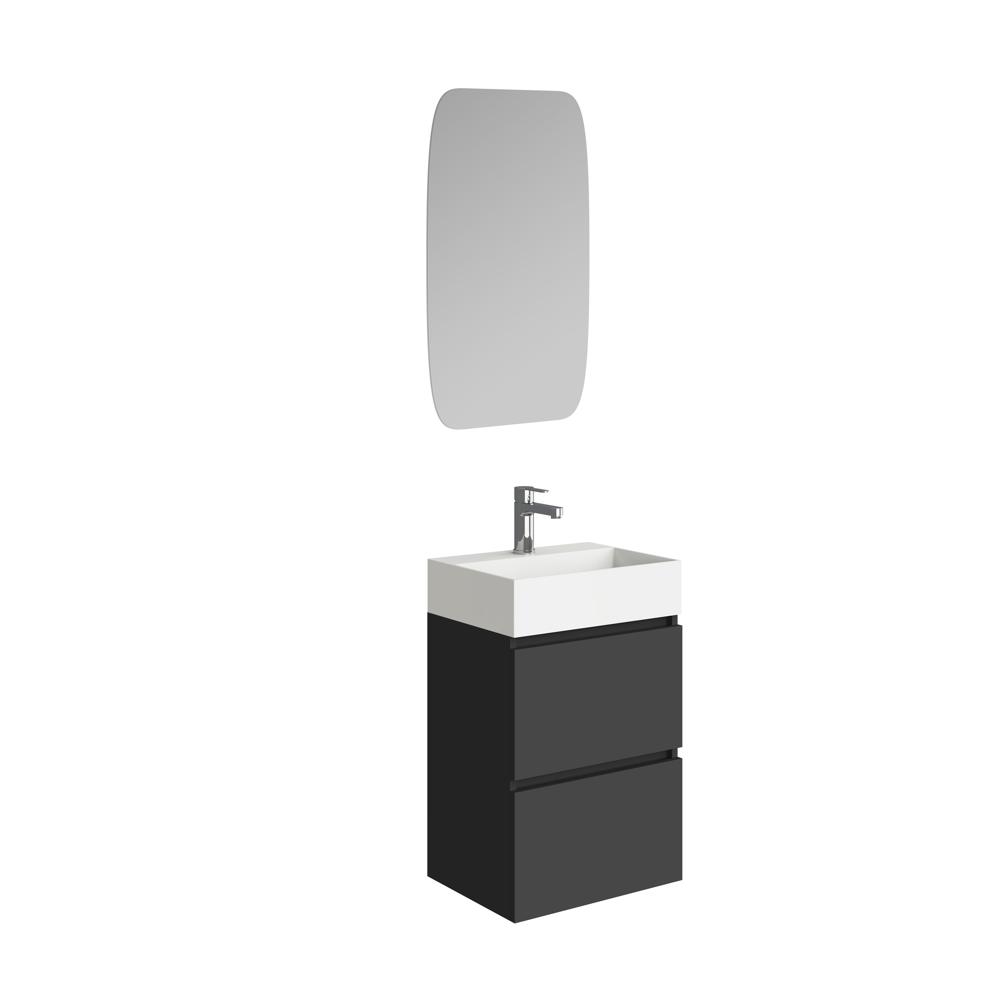 Mini onderkast met 2 laden mat zwart en wastafel keramiek glans wit 45 cm inclusief spiegel – Xellanz – Mat Zwart – Badkamermeubelset | Dealplein